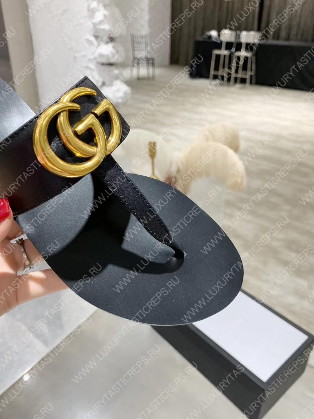 G*u*i leather thong sandal with double g black 497444