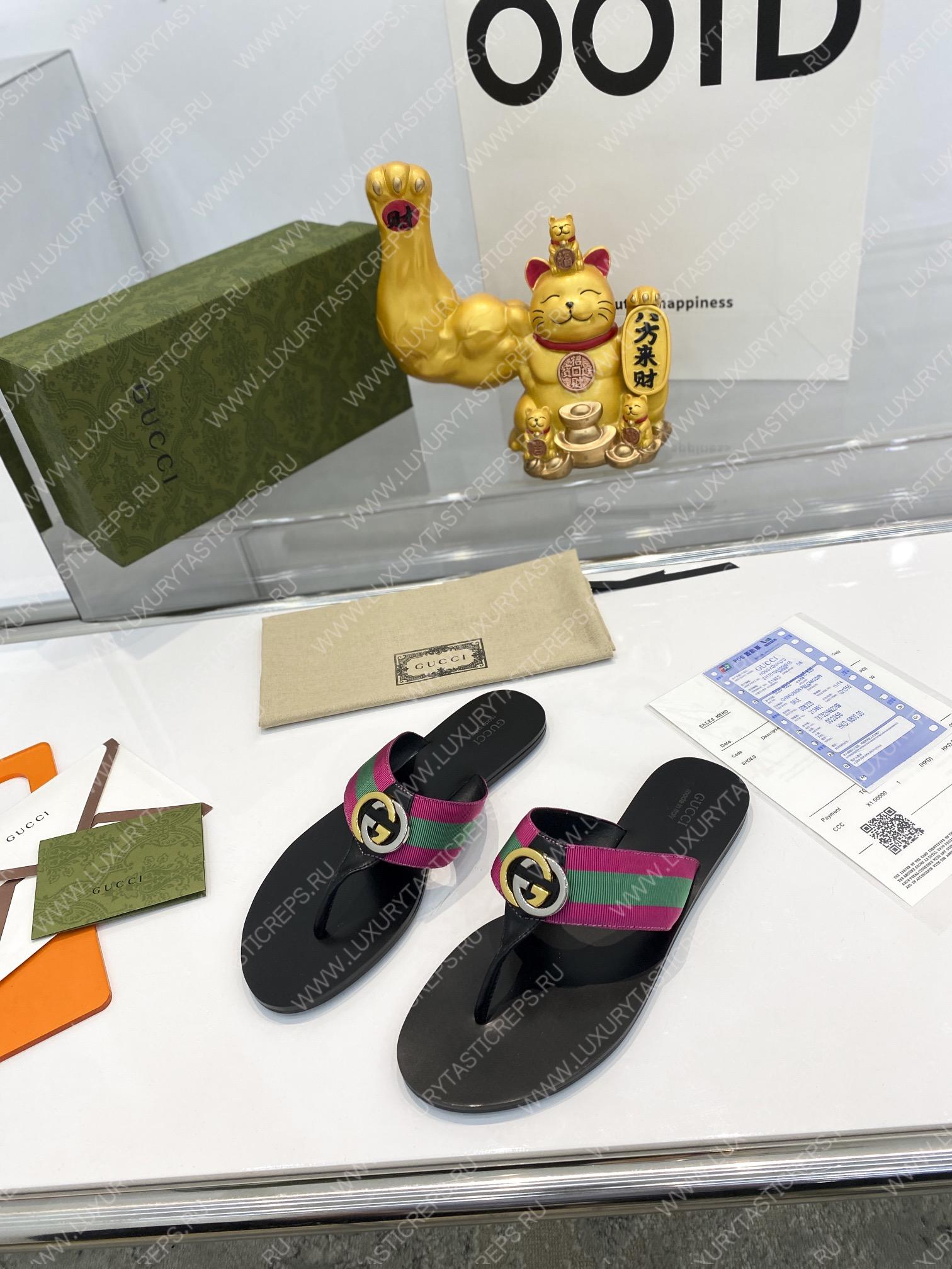 G*u*i leather thong sandal with double g pink and green 497444