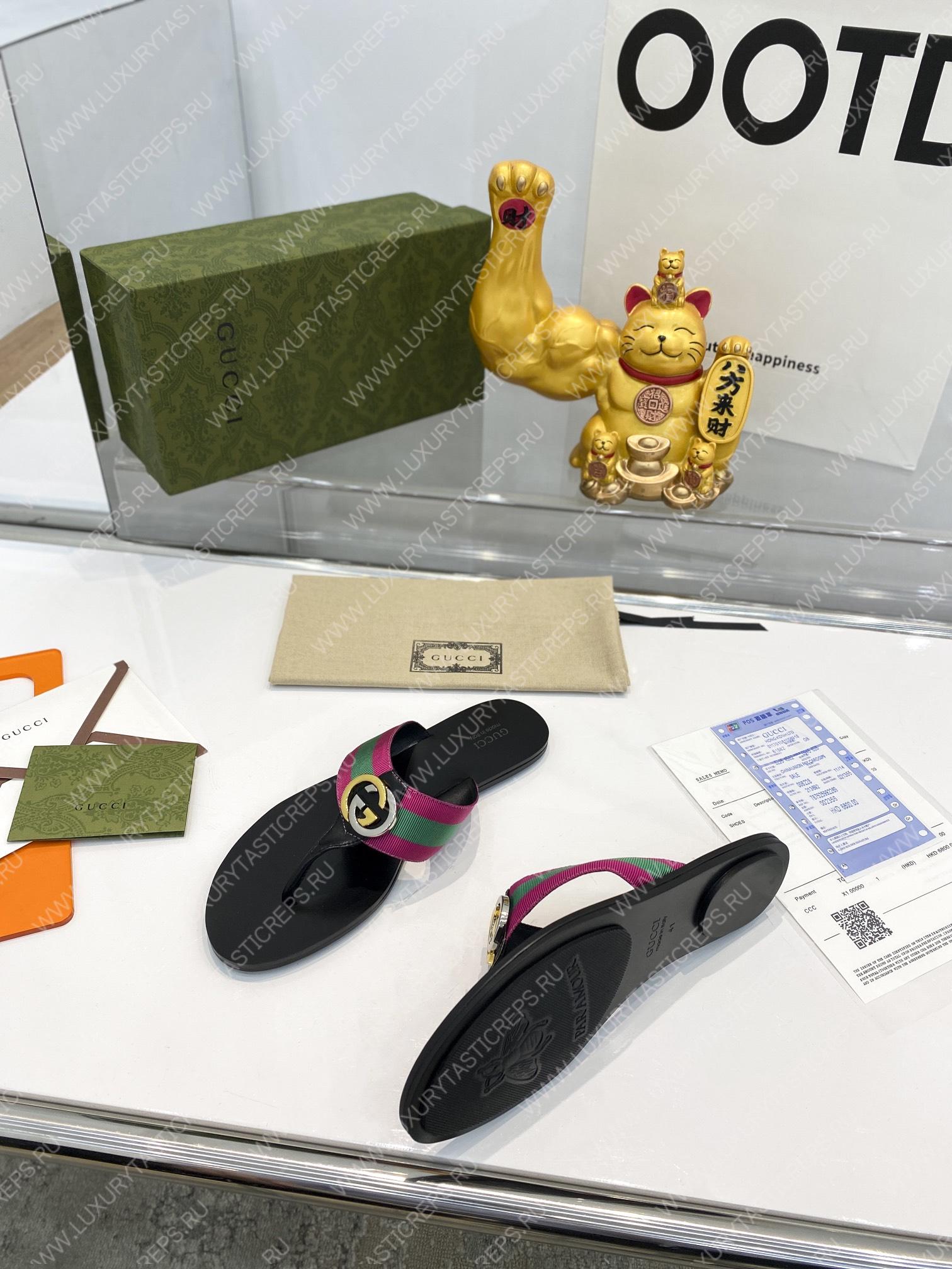 G*u*i leather thong sandal with double g pink and green 497444