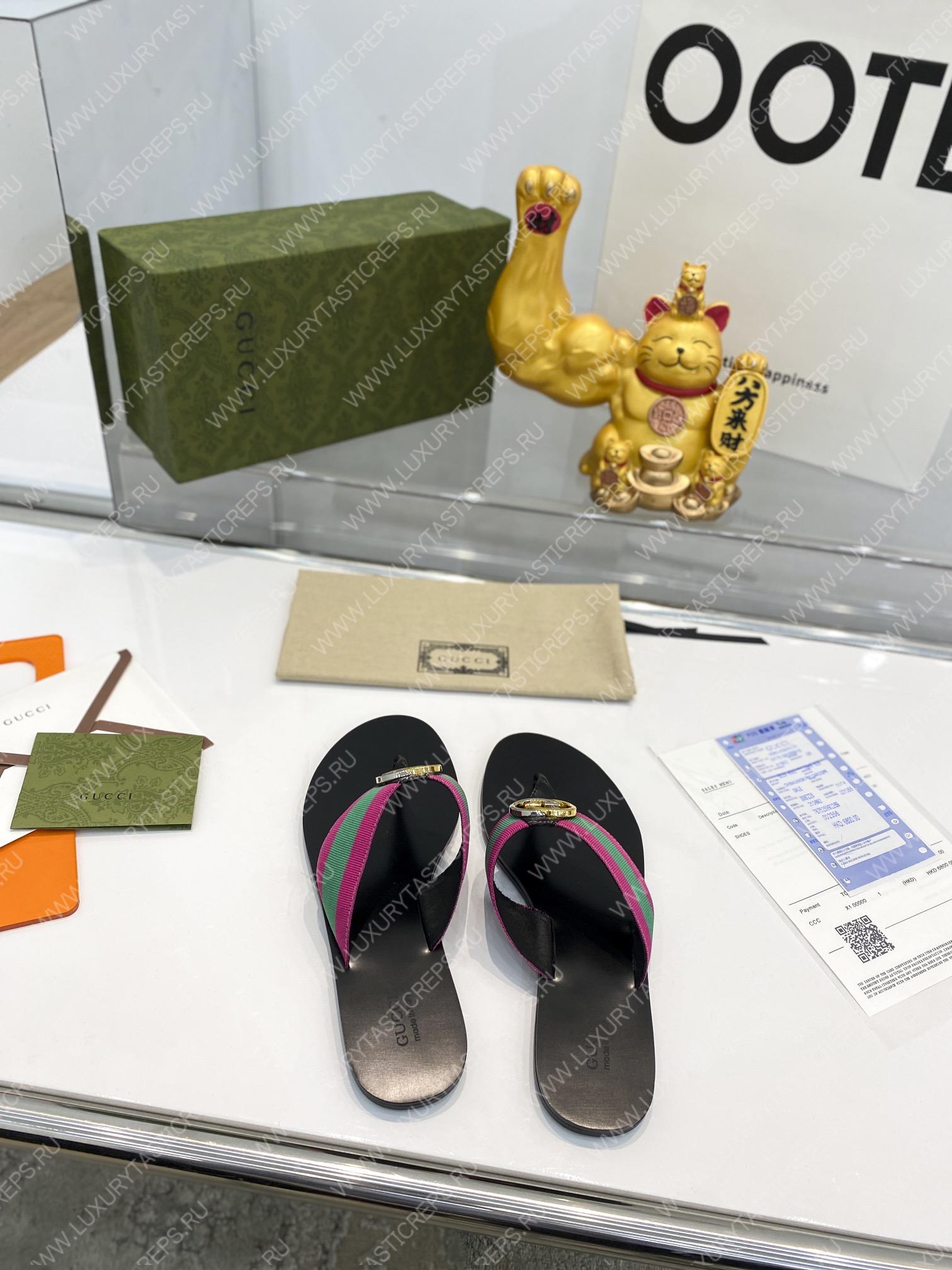 G*u*i leather thong sandal with double g pink and green 497444