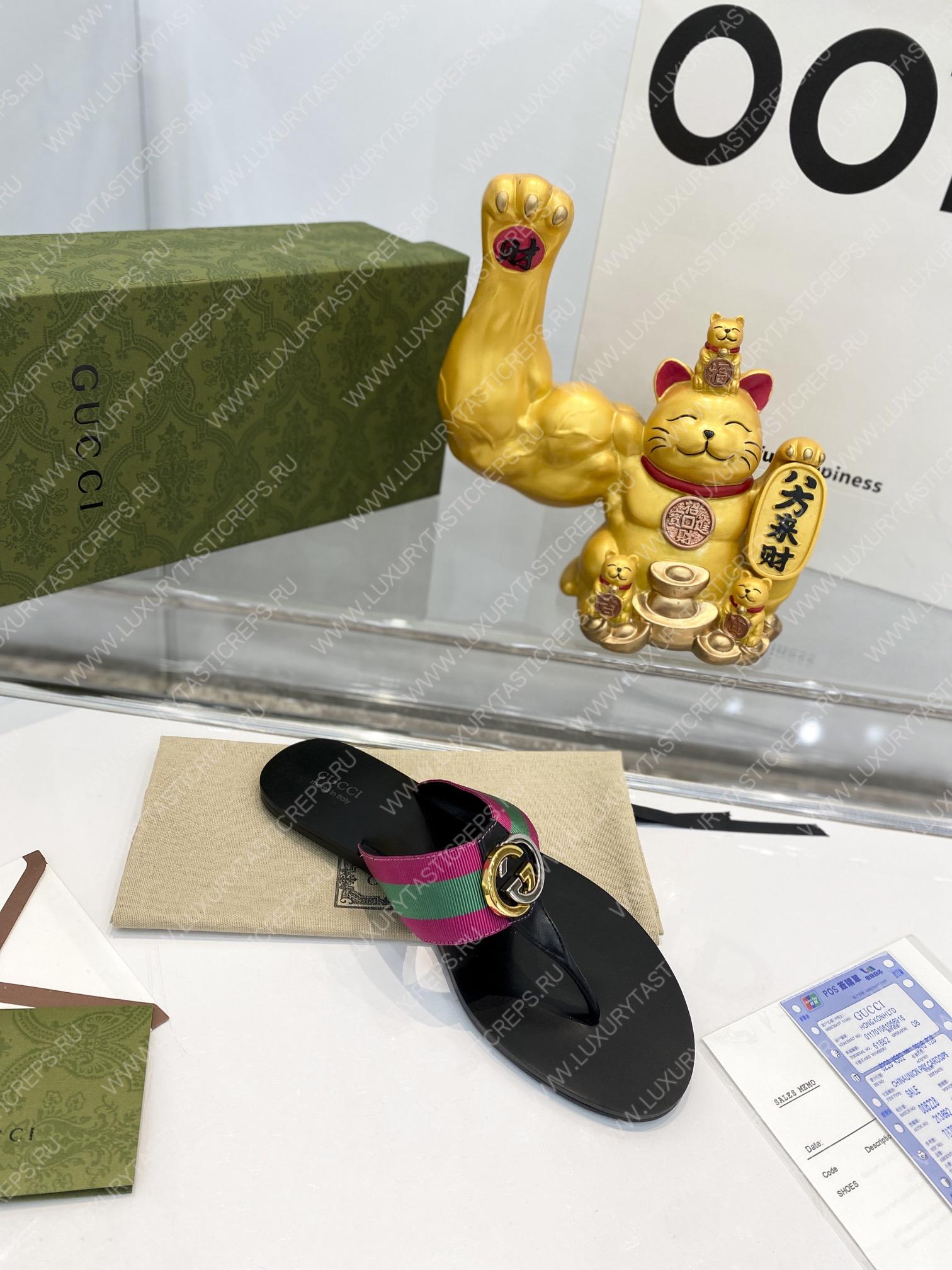 G*u*i leather thong sandal with double g pink and green 497444