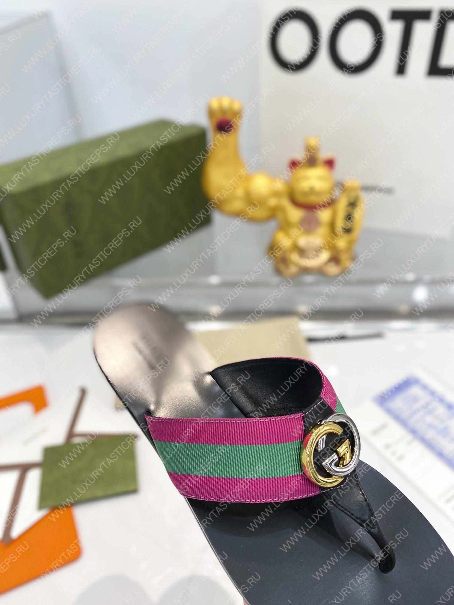 G*u*i leather thong sandal with double g pink and green 497444