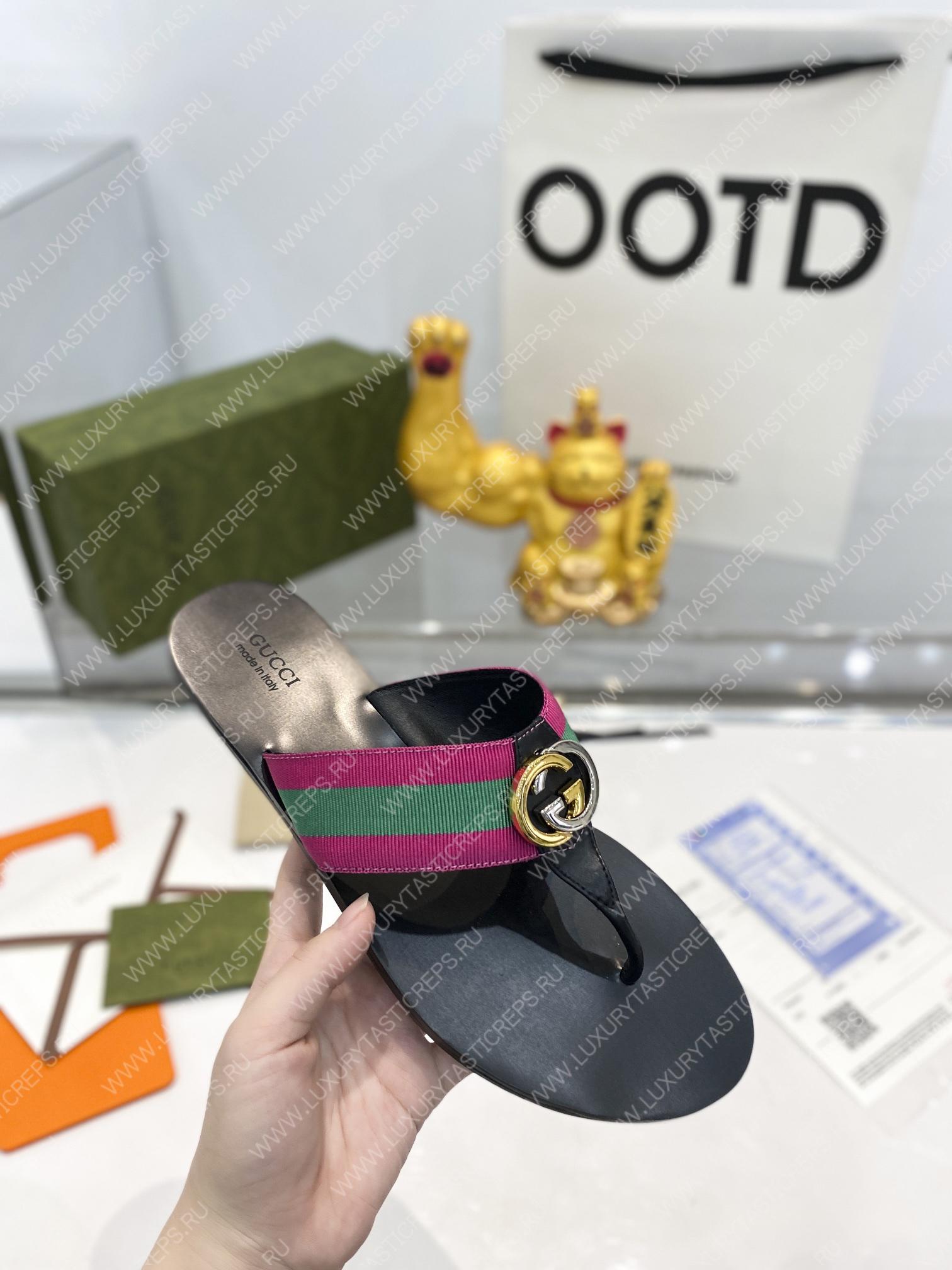 G*u*i leather thong sandal with double g pink and green 497444