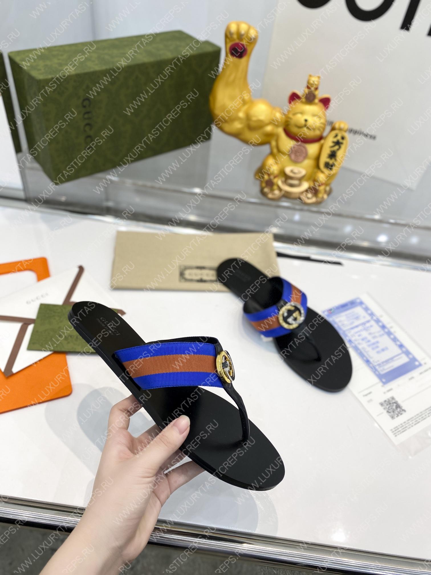 G*u*i leather thong sandal with double g brown and blue 497444
