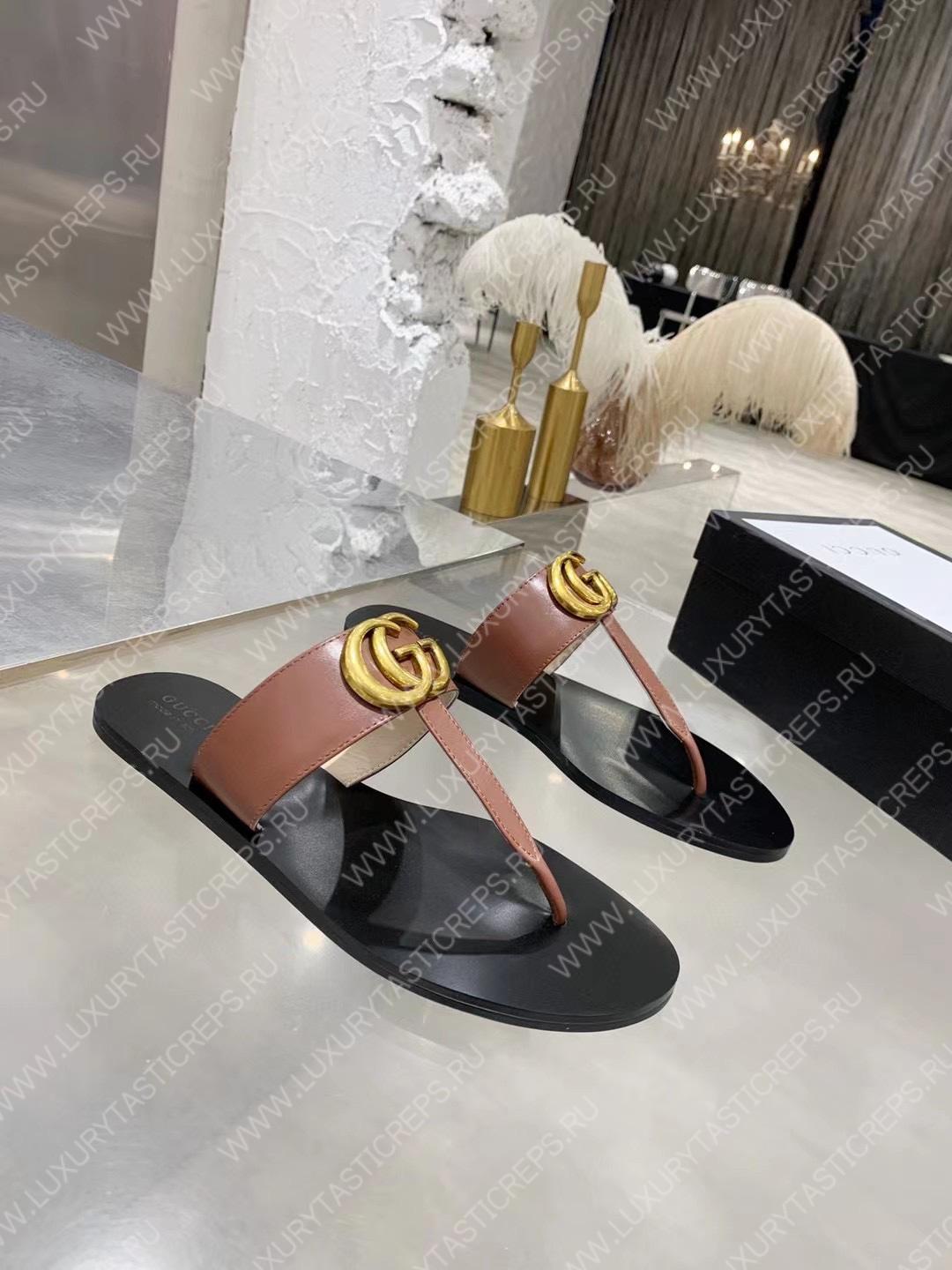 G*u*i leather thong sandal with double g brown 497444