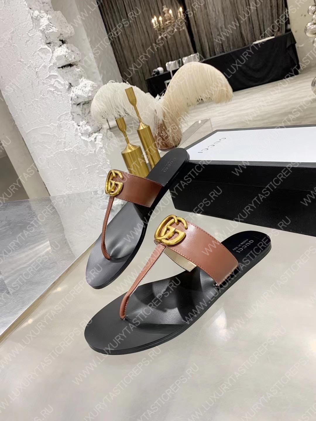G*u*i leather thong sandal with double g brown 497444
