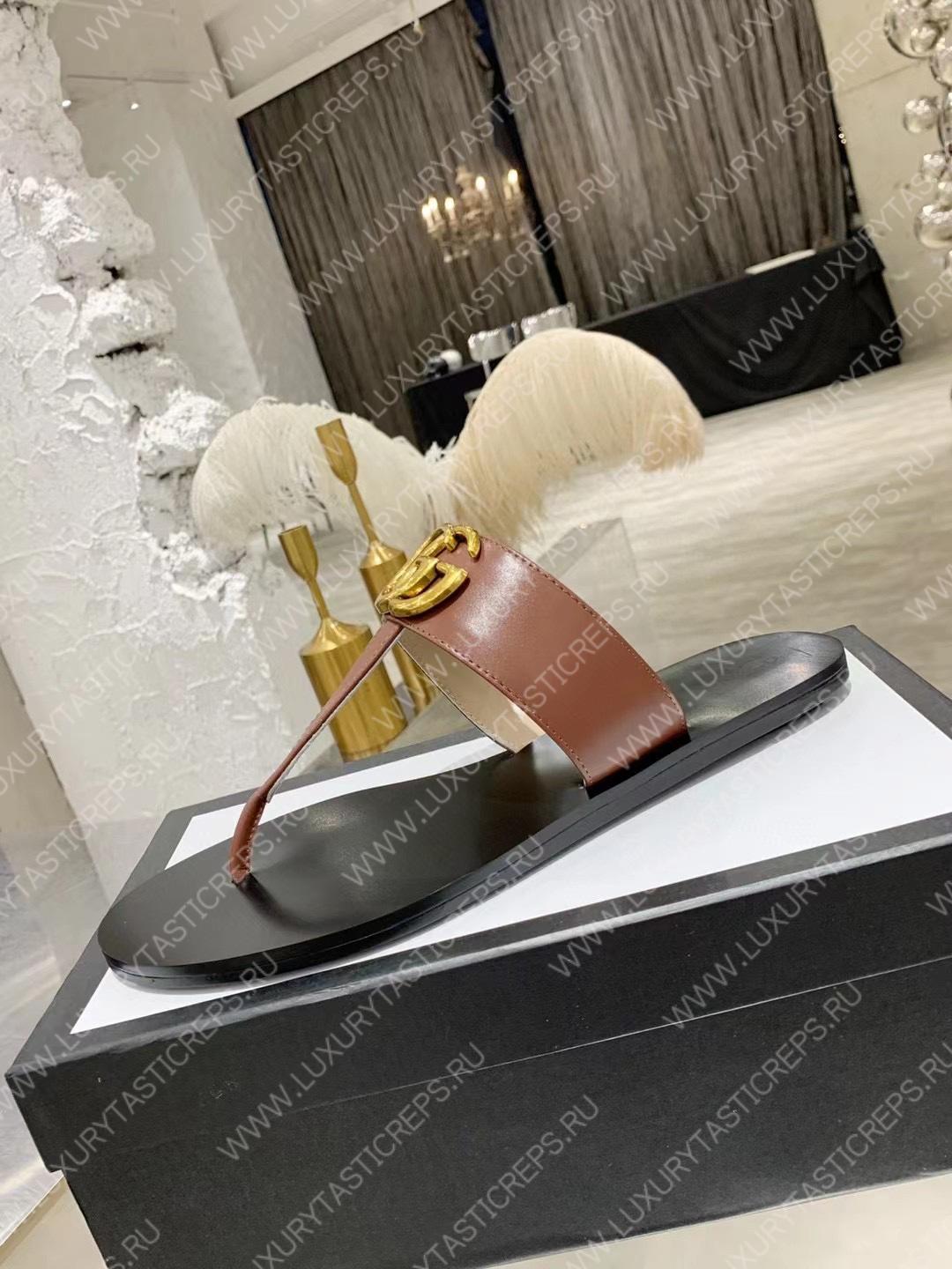 G*u*i leather thong sandal with double g brown 497444