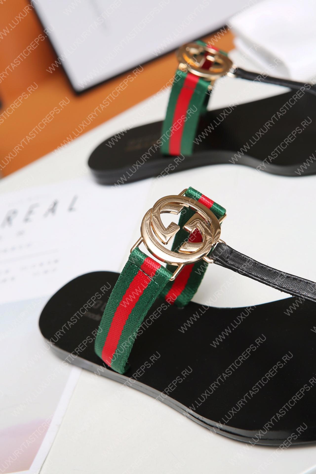 G*u*i black web stripe flip-flops green and red 630307