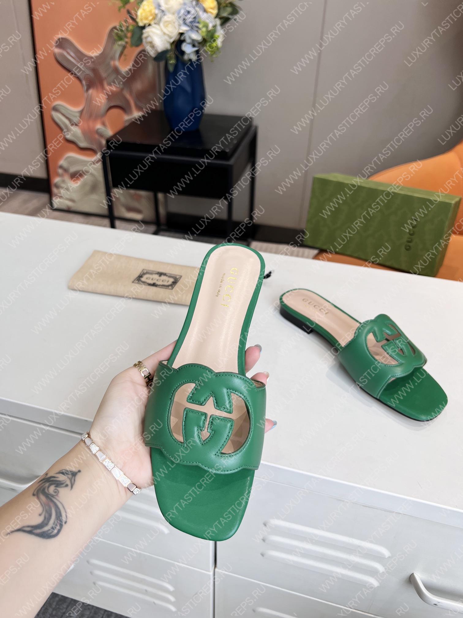 G*u*i interlocking g cut-out slide sandal green 694451