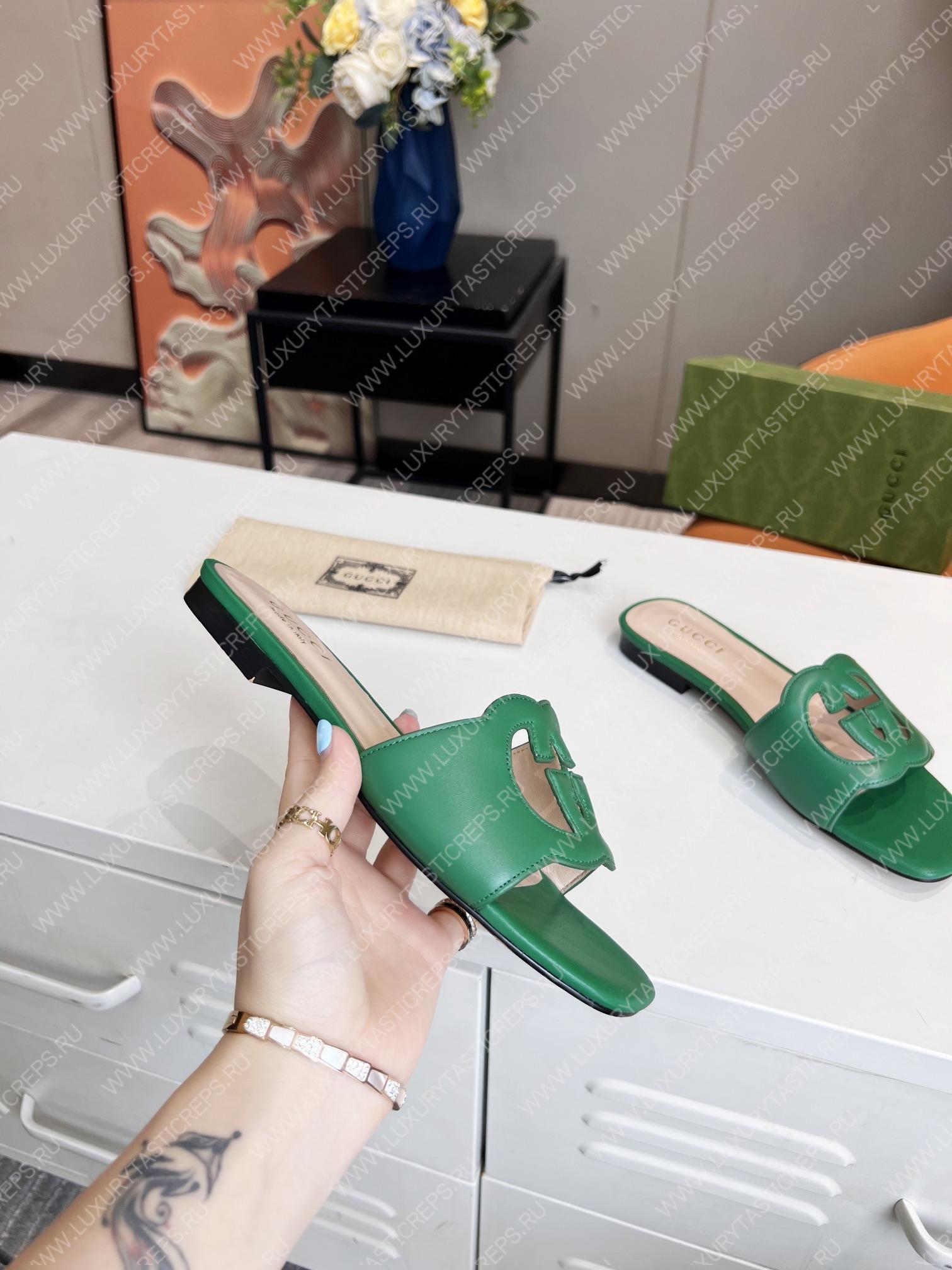 G*u*i interlocking g cut-out slide sandal green 694451