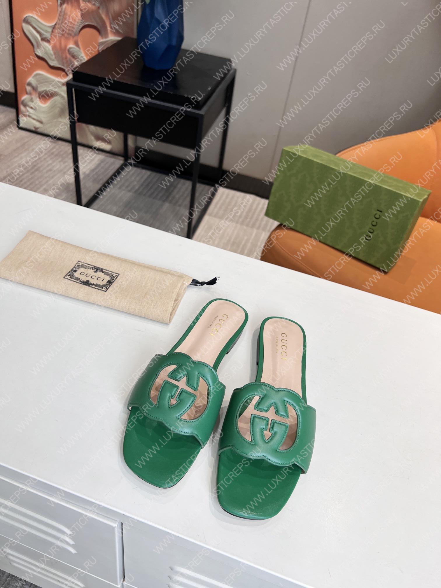 G*u*i interlocking g cut-out slide sandal green 694451