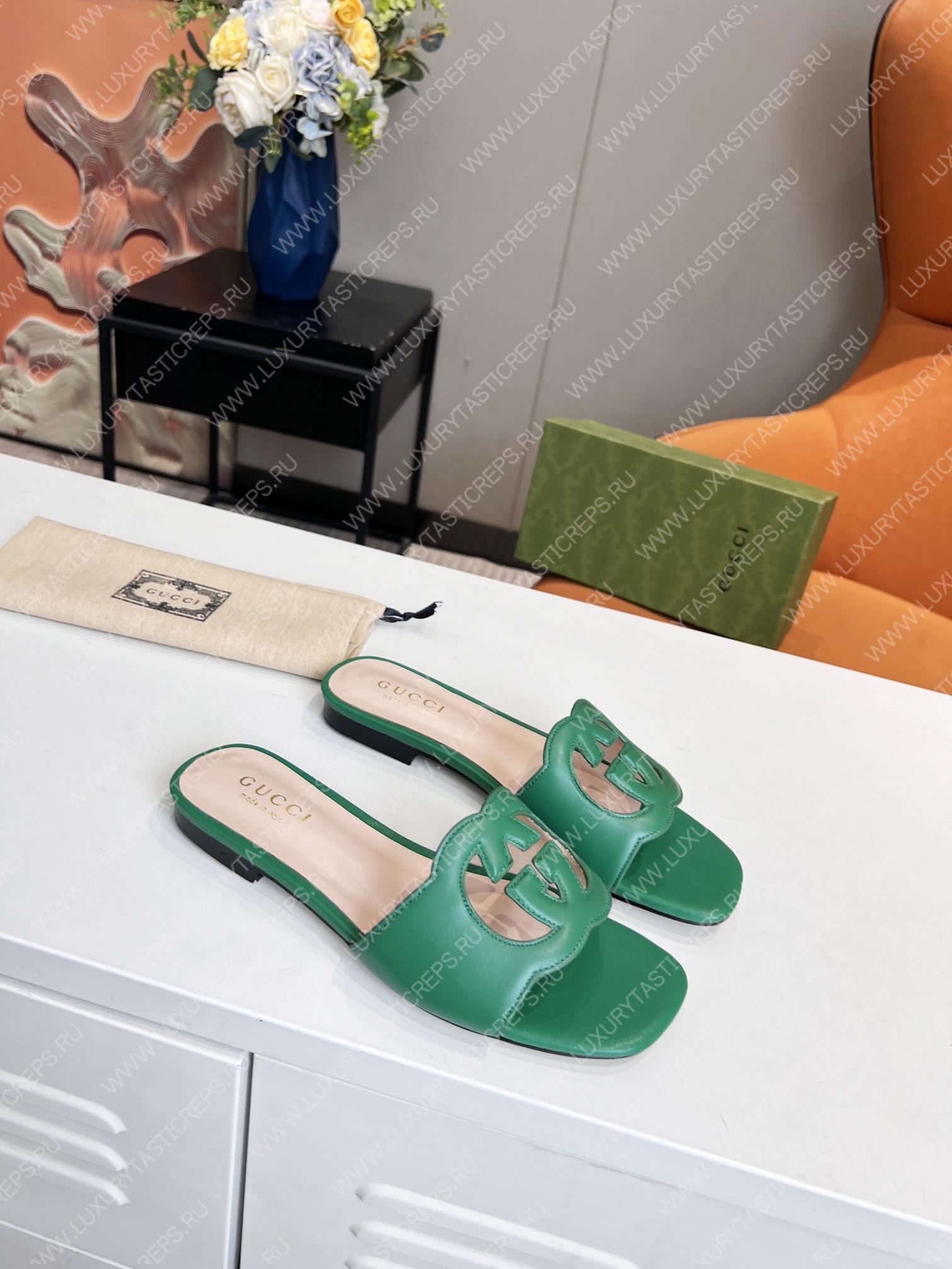 G*u*i interlocking g cut-out slide sandal green 694451