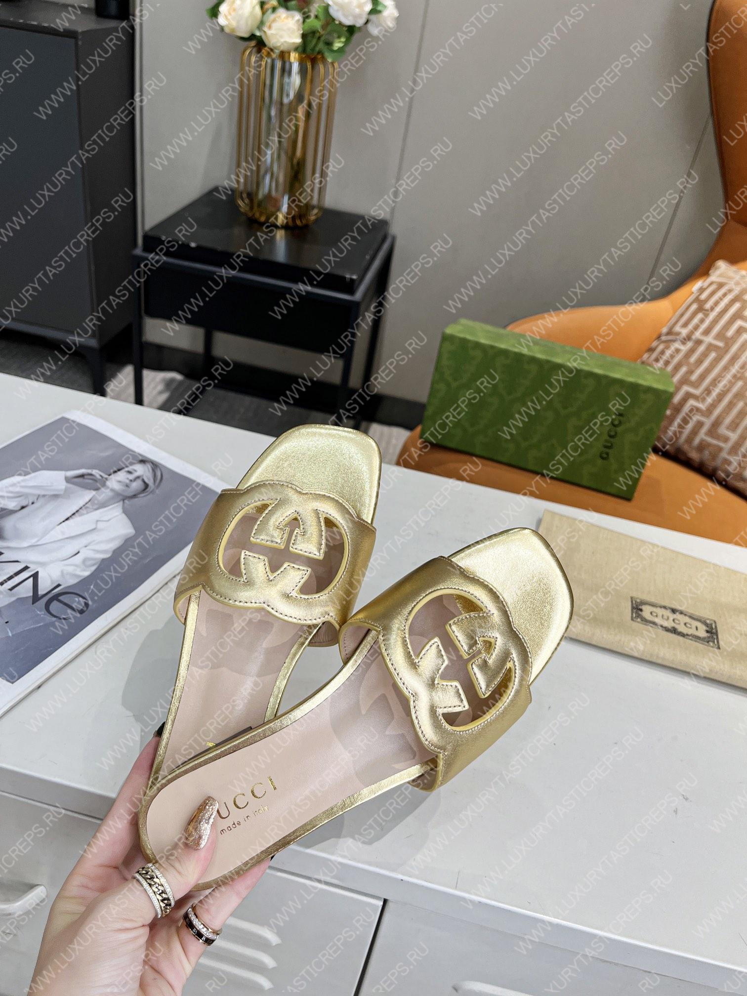 G*u*i interlocking g cut-out slide sandal gold 694451