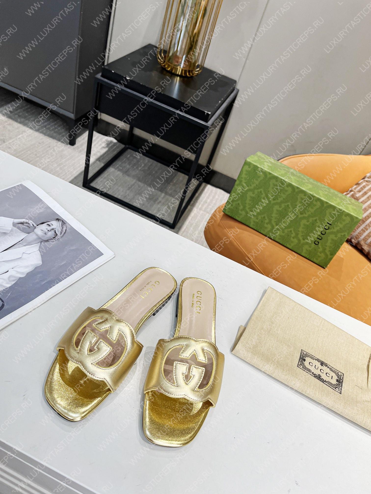 G*u*i interlocking g cut-out slide sandal gold 694451