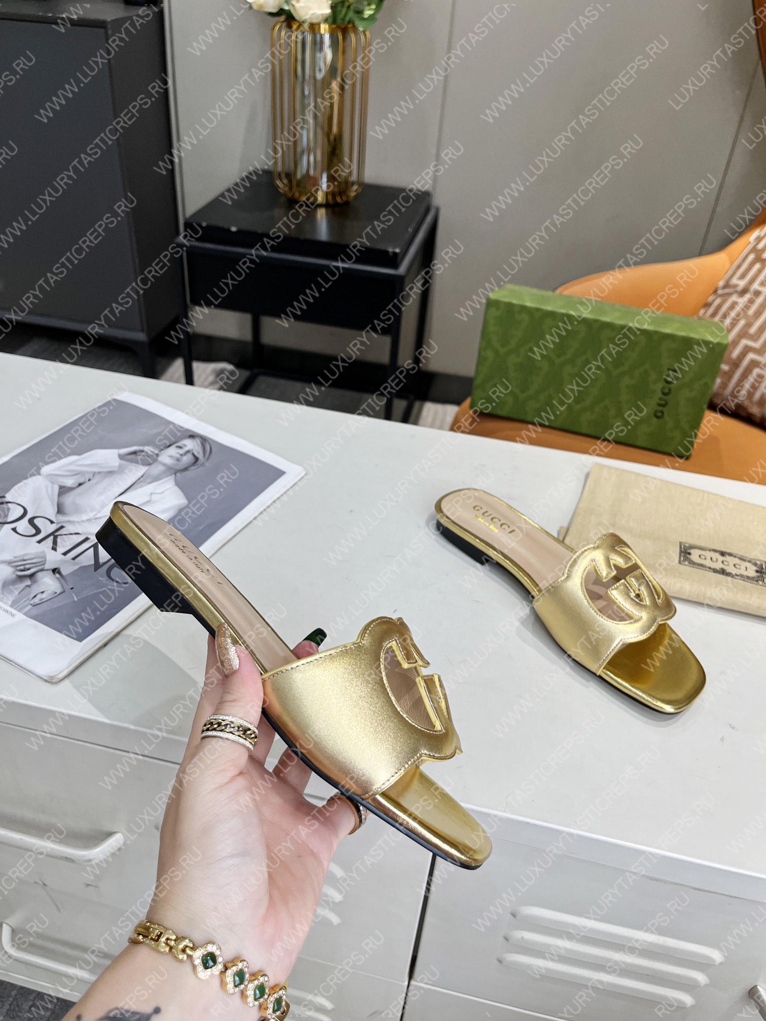 G*u*i interlocking g cut-out slide sandal gold 694451