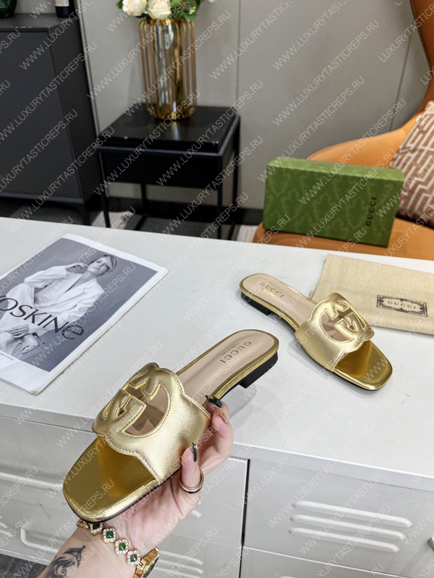 G*u*i interlocking g cut-out slide sandal gold 694451