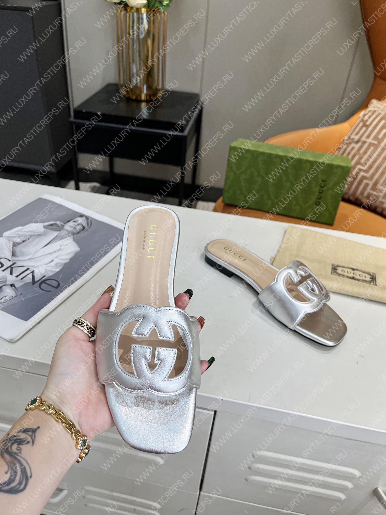 G*u*i interlocking g cut-out slide sandal silver 694451