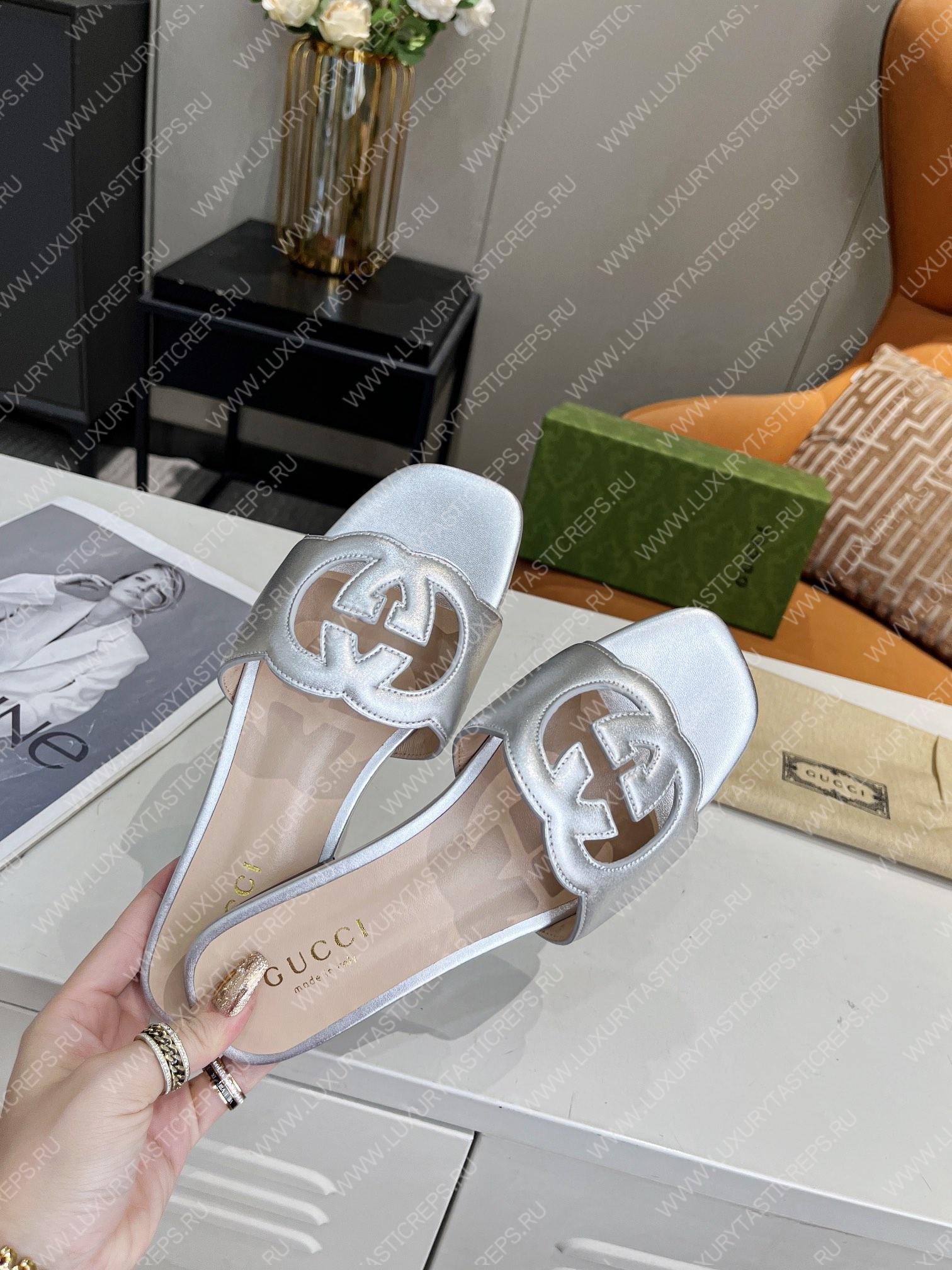 G*u*i interlocking g cut-out slide sandal silver 694451