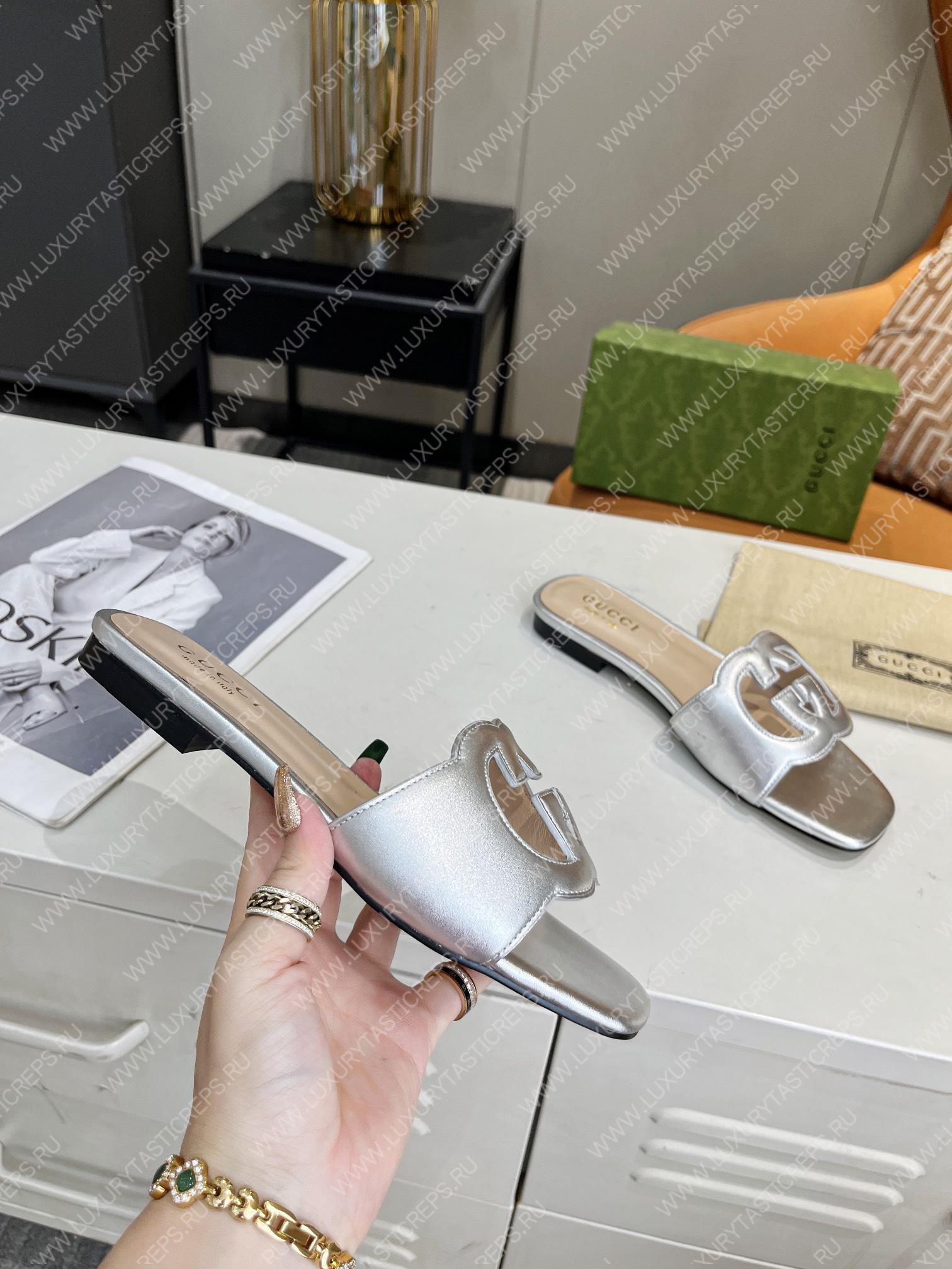 G*u*i interlocking g cut-out slide sandal silver 694451