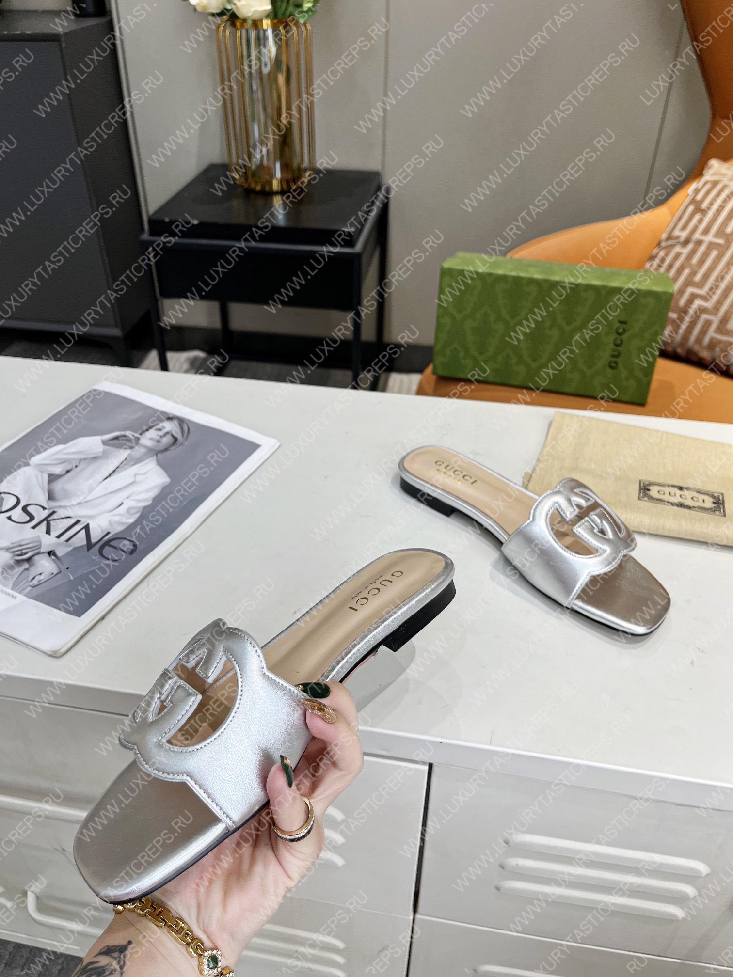 G*u*i interlocking g cut-out slide sandal silver 694451