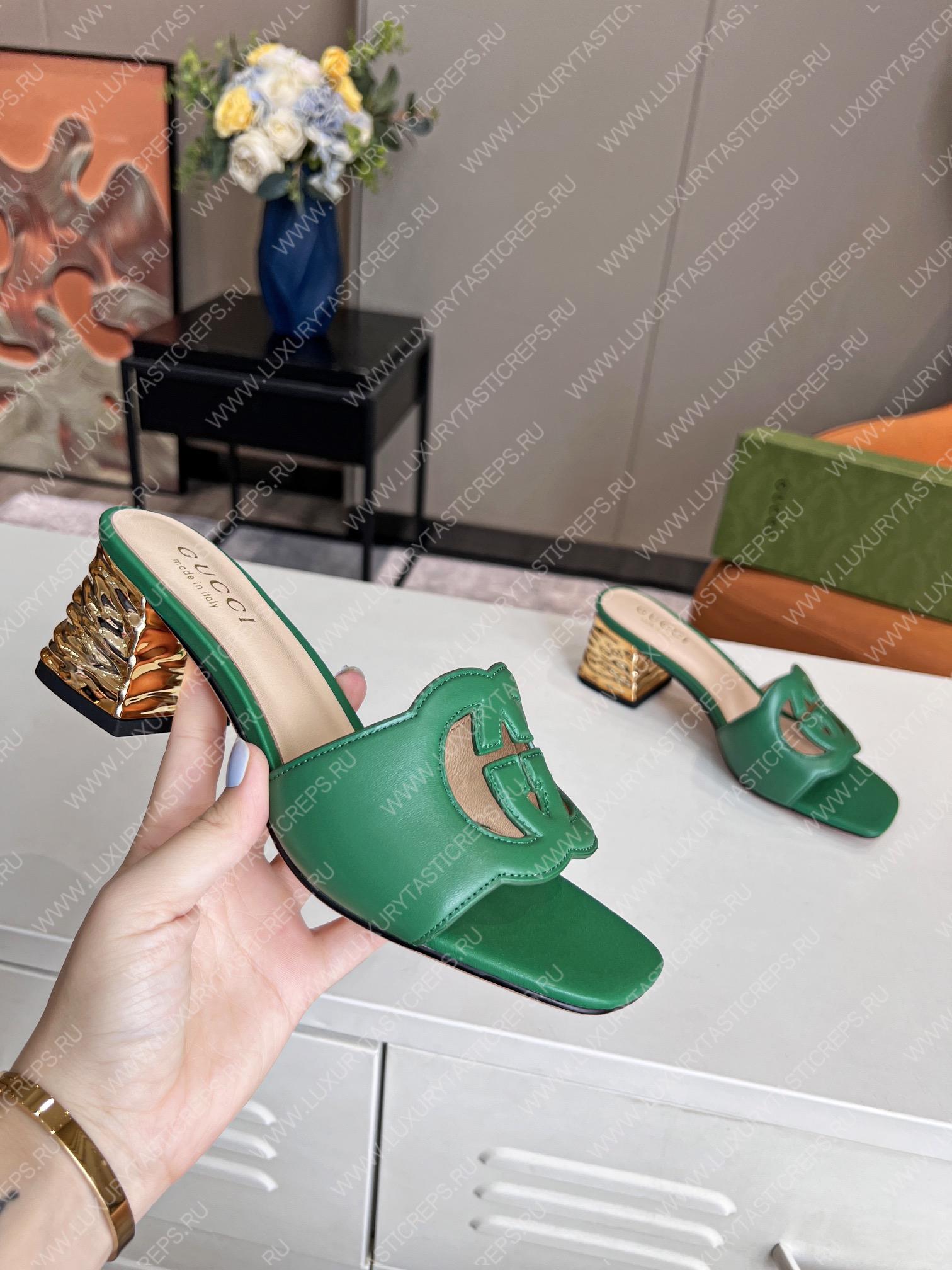 G*u*i interlocking g cut-out heeled slide sandal green 694451