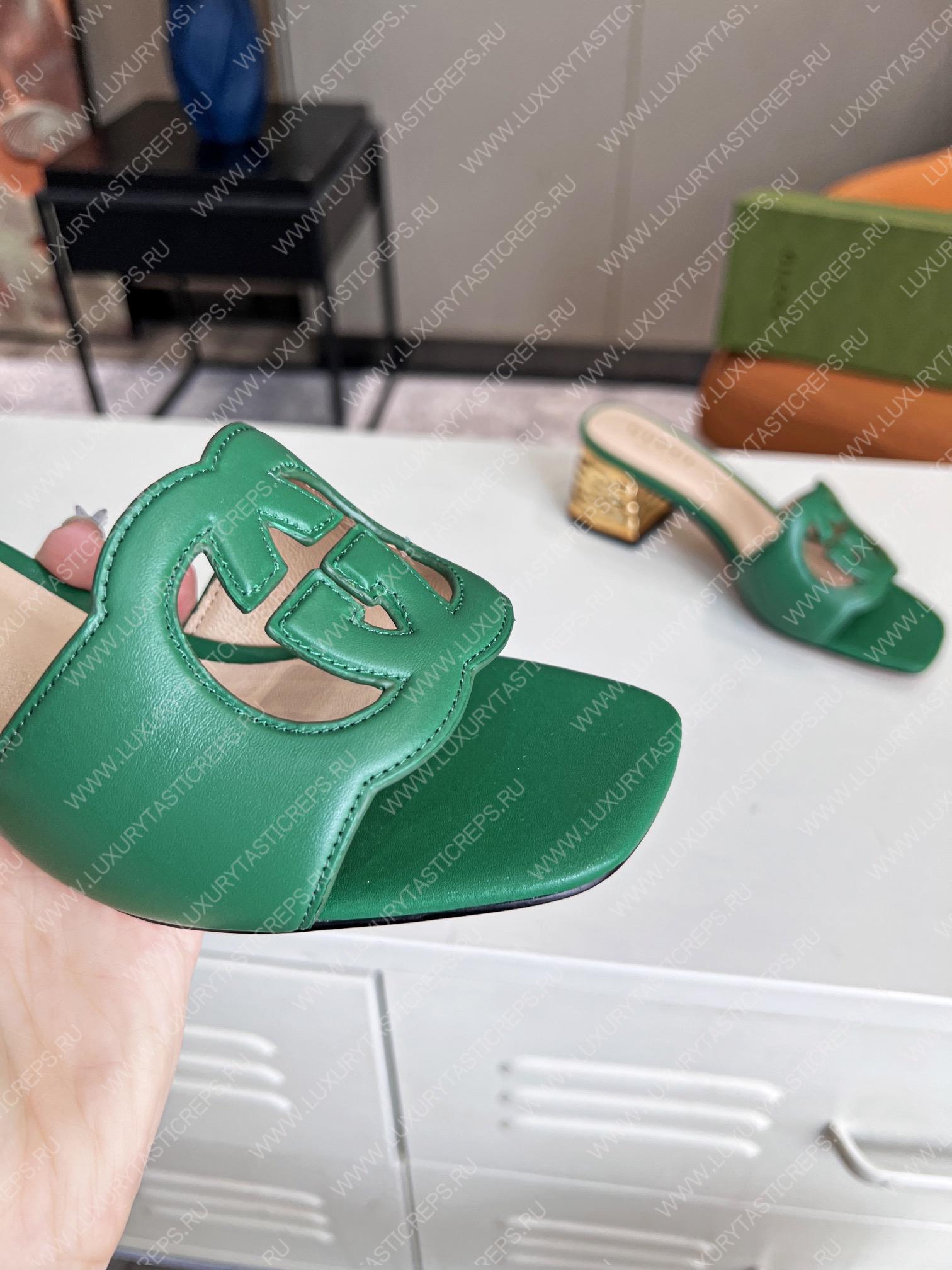 G*u*i interlocking g cut-out heeled slide sandal green 694451