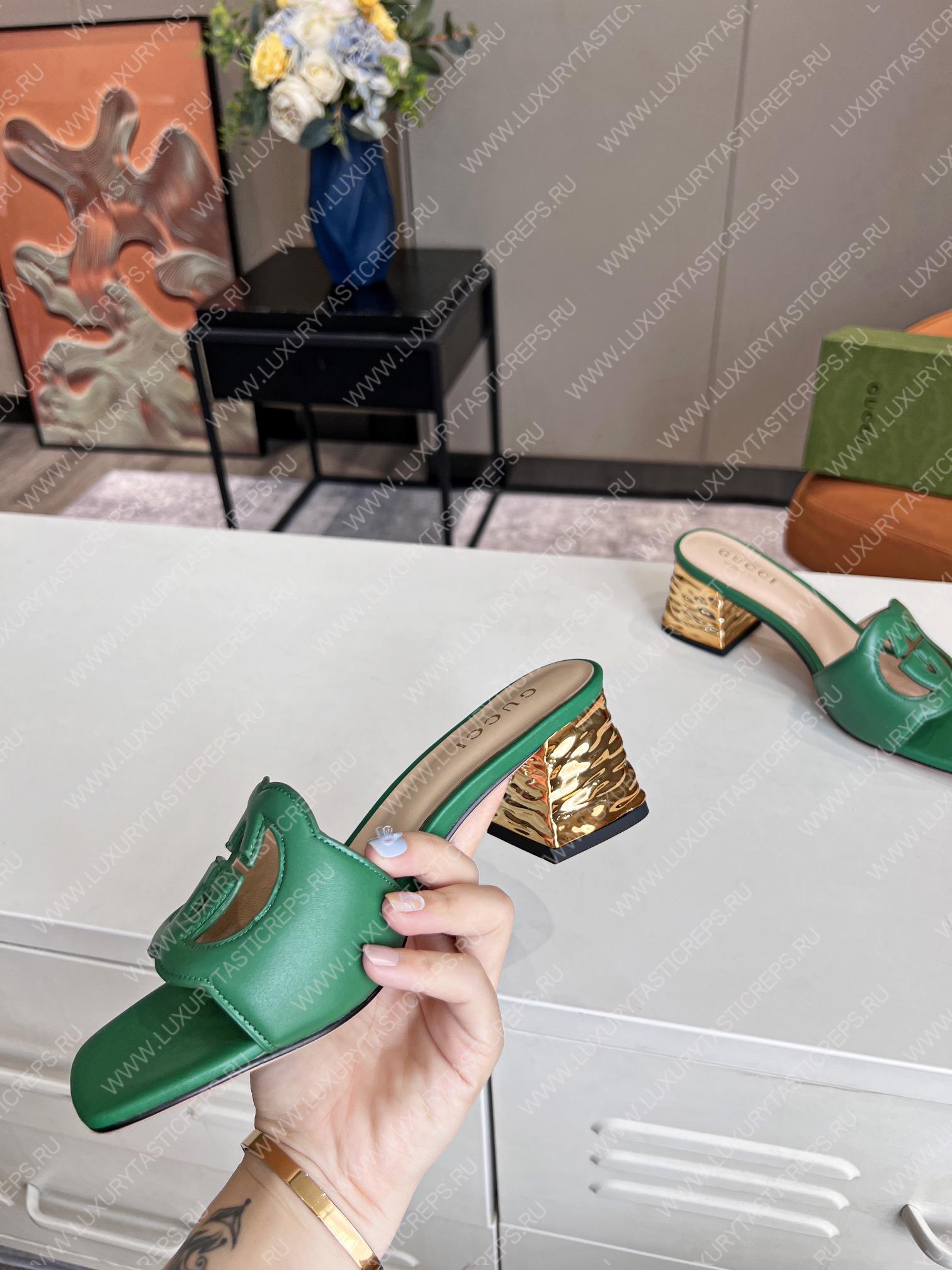 G*u*i interlocking g cut-out heeled slide sandal green 694451