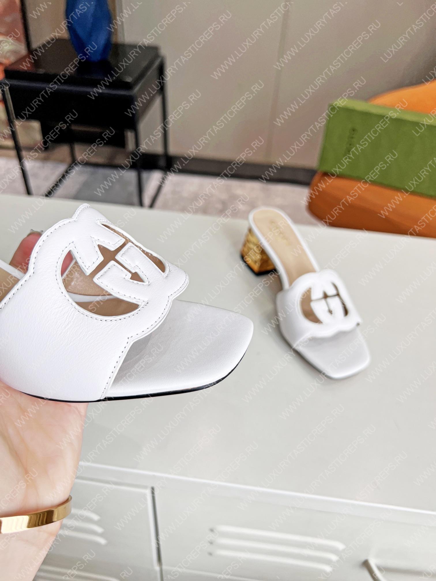 G*u*i interlocking g cut-out heeled slide sandal white 694451