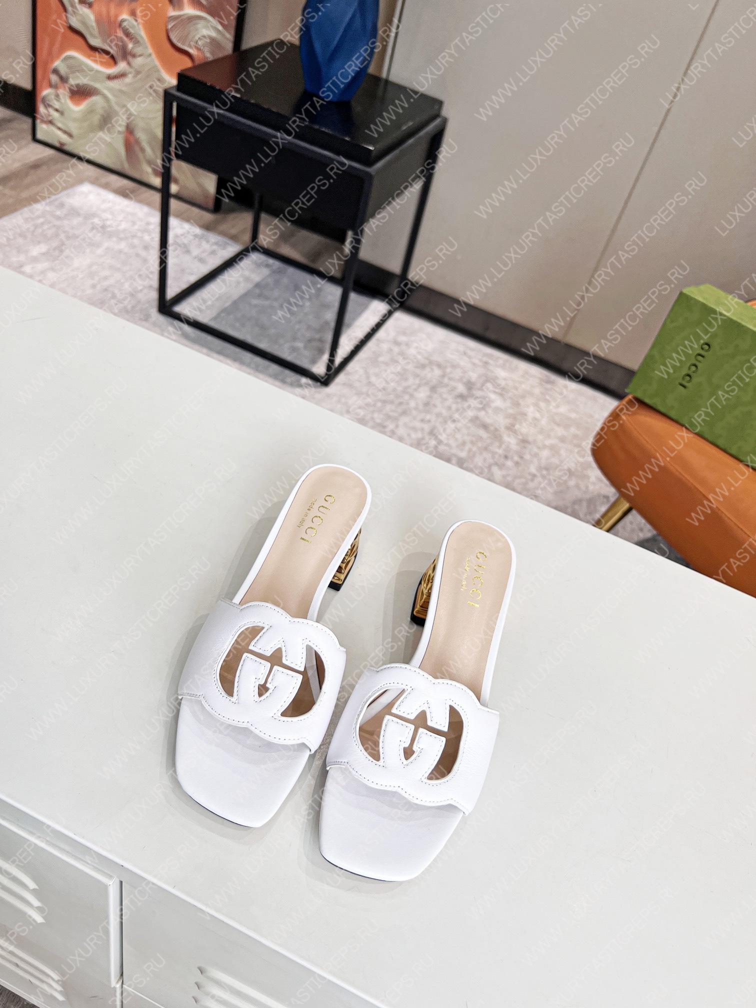 G*u*i interlocking g cut-out heeled slide sandal white 694451