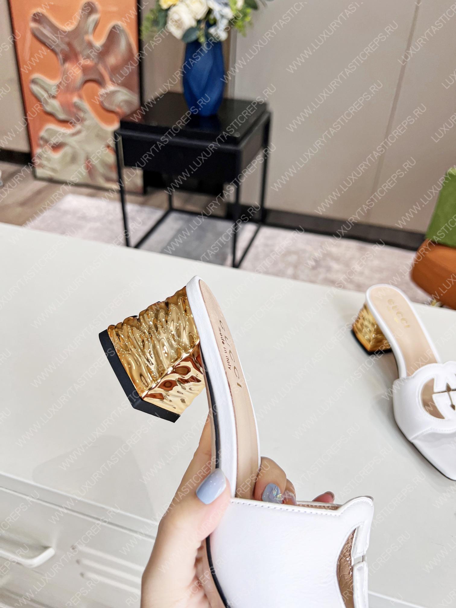 G*u*i interlocking g cut-out heeled slide sandal white 694451