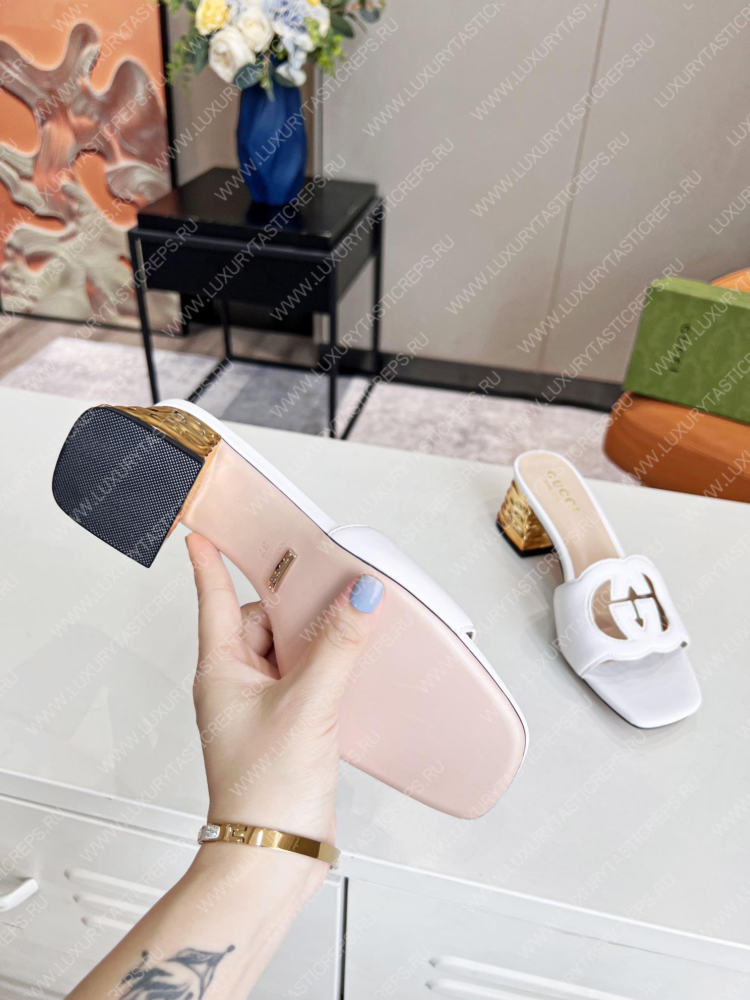 G*u*i interlocking g cut-out heeled slide sandal white 694451