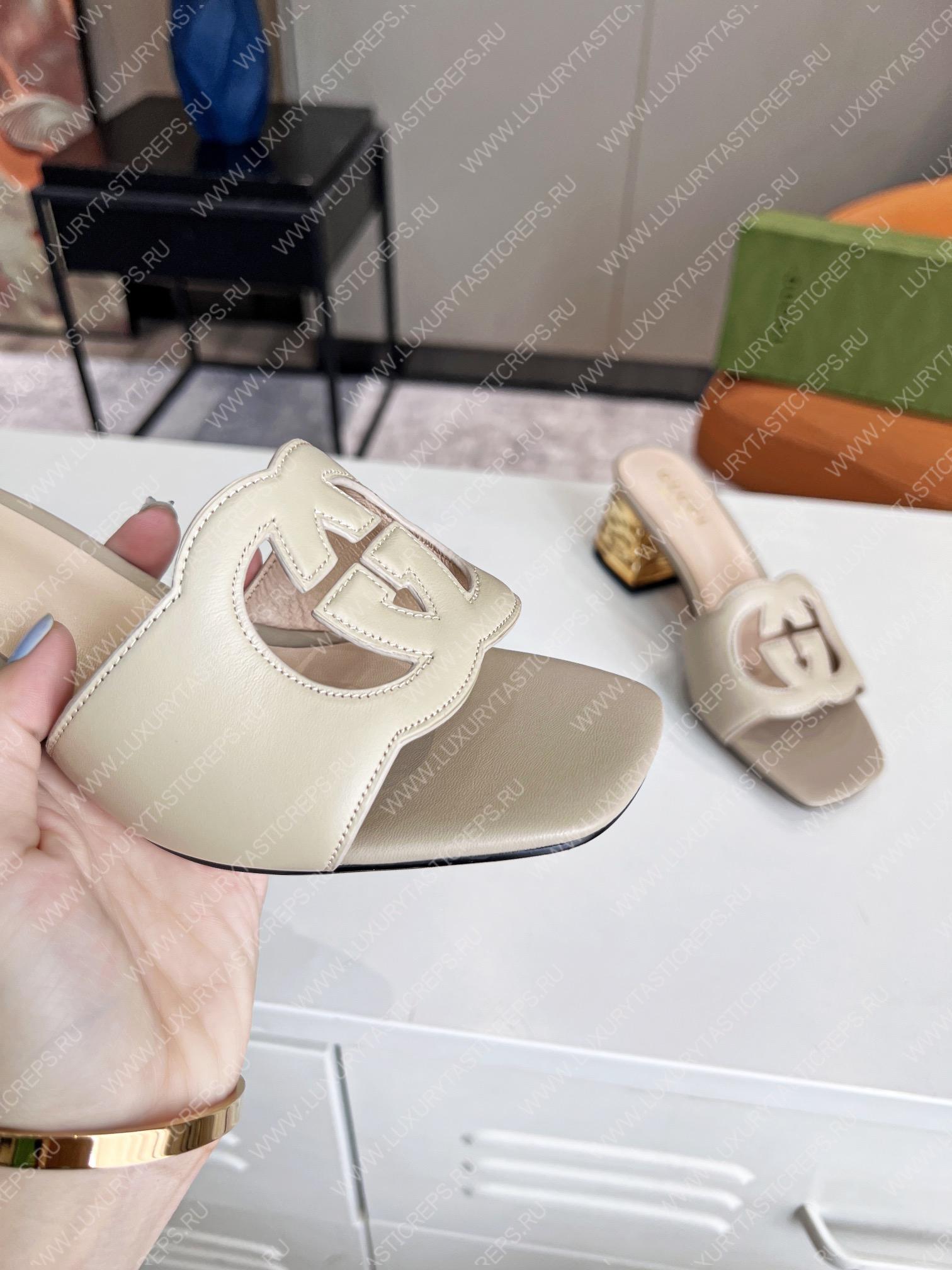 G*u*i interlocking g cut-out heeled slide sandal light beige 694451