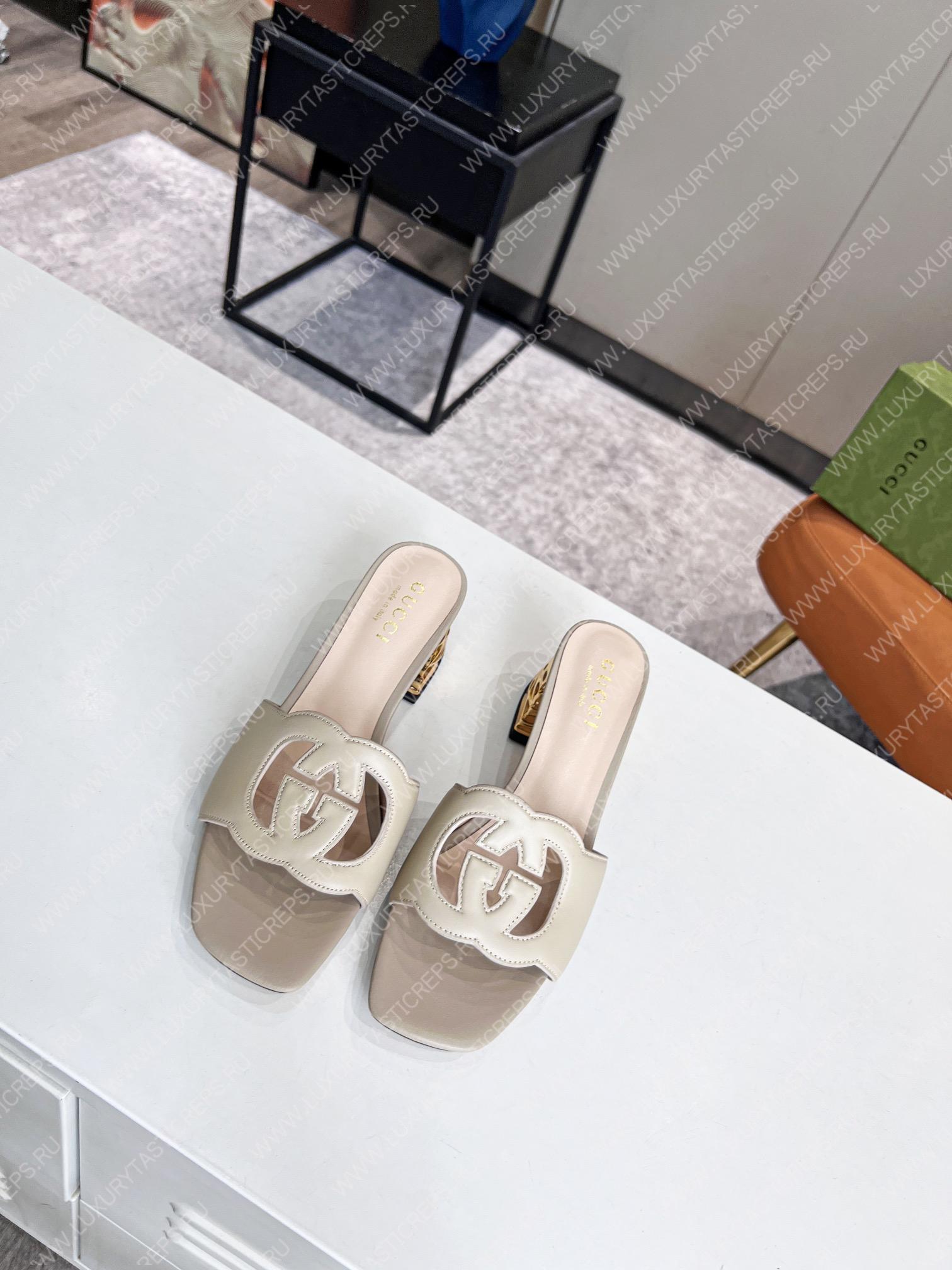 G*u*i interlocking g cut-out heeled slide sandal light beige 694451