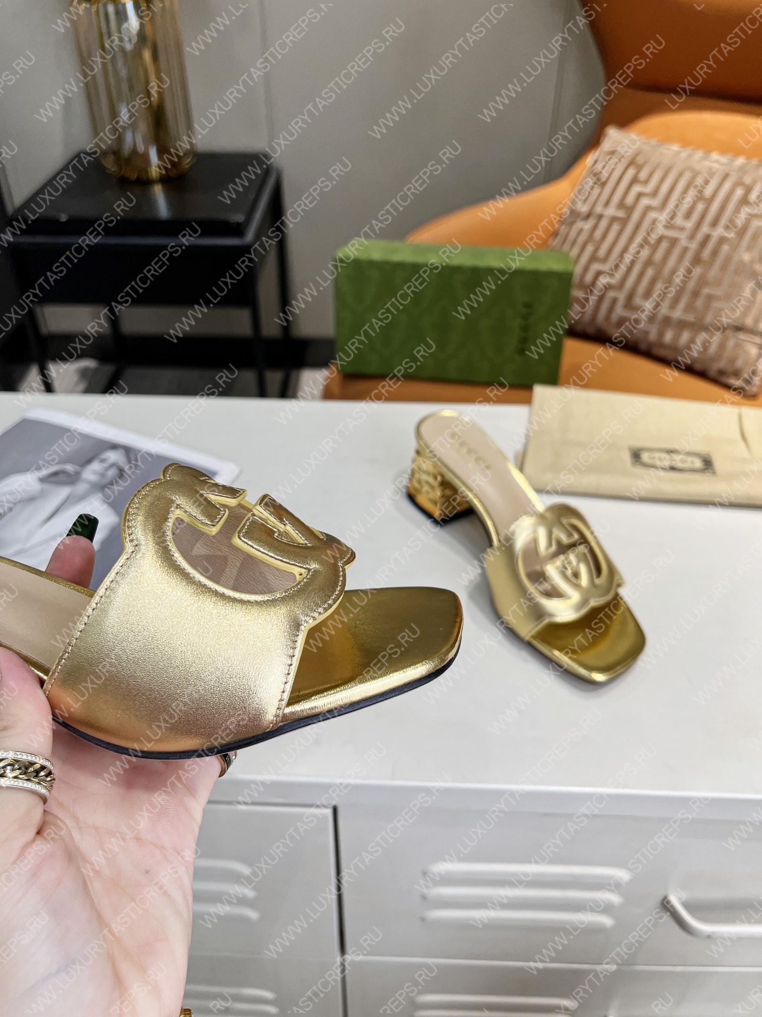 G*u*i interlocking g cut-out heeled slide sandal gold 694451