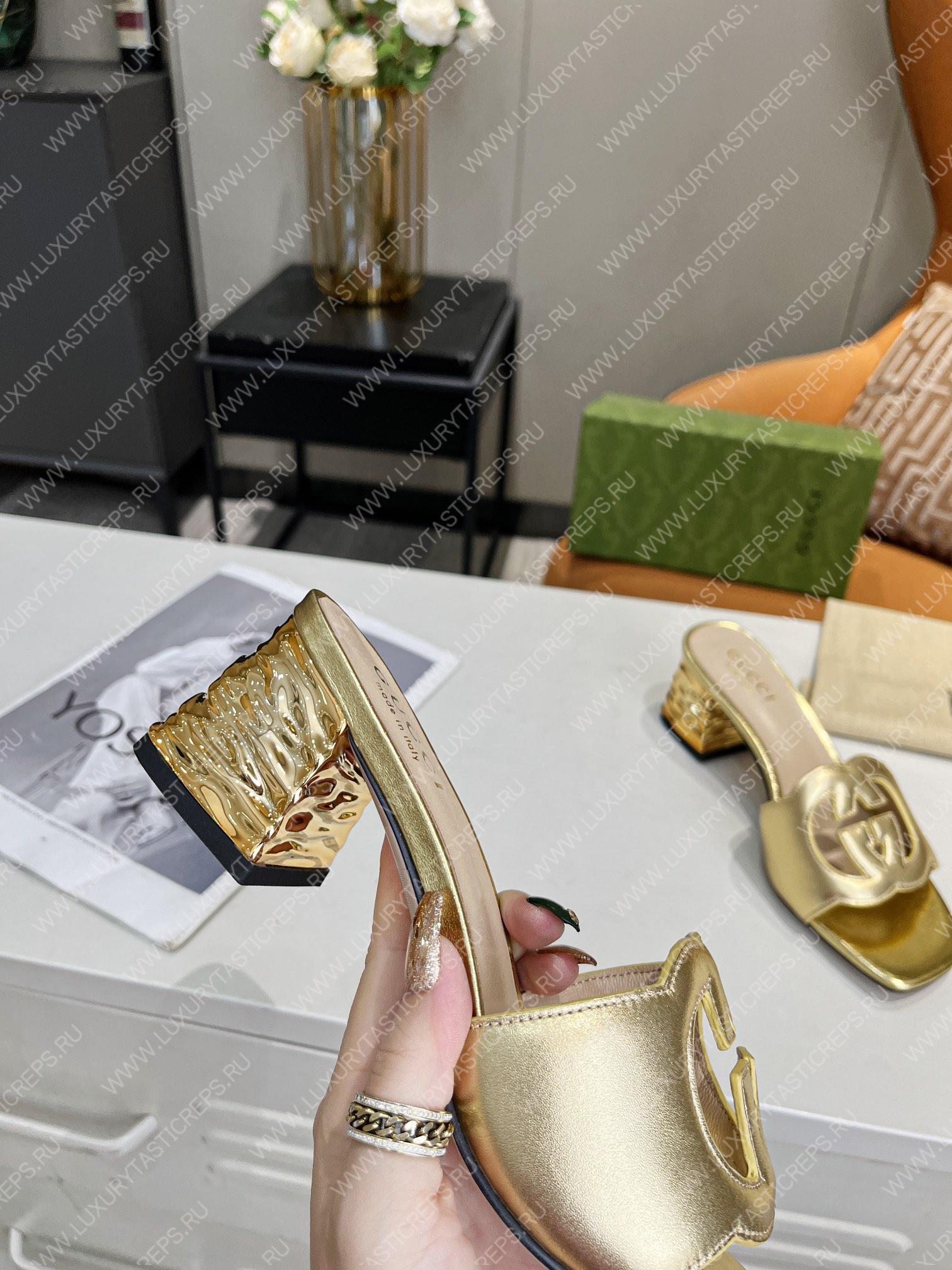 G*u*i interlocking g cut-out heeled slide sandal gold 694451
