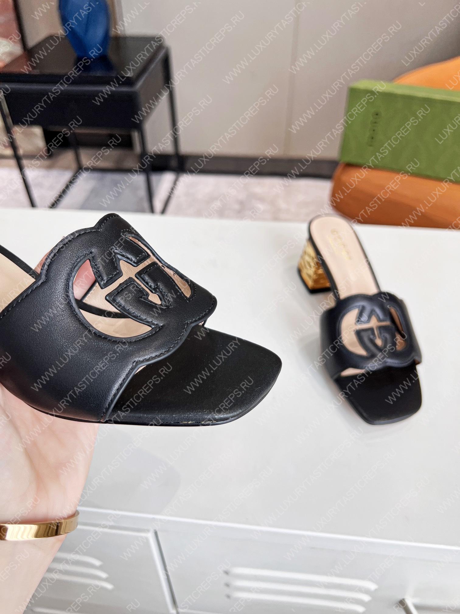 G*u*i interlocking g cut-out heeled slide sandal black 694451