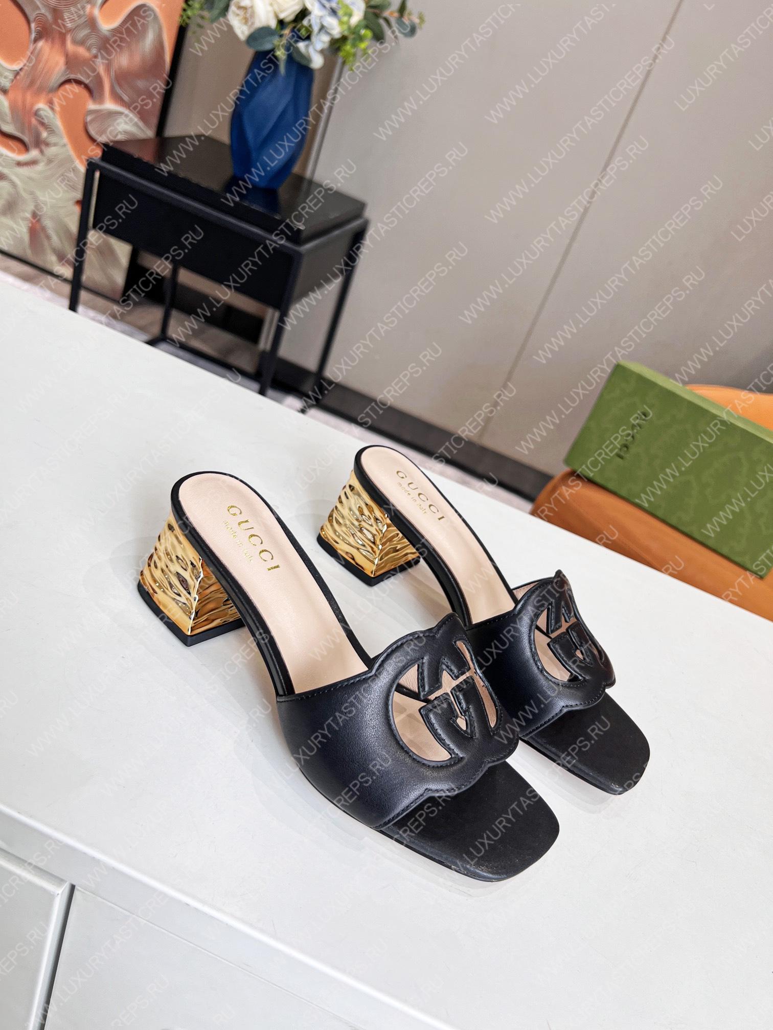 G*u*i interlocking g cut-out heeled slide sandal black 694451