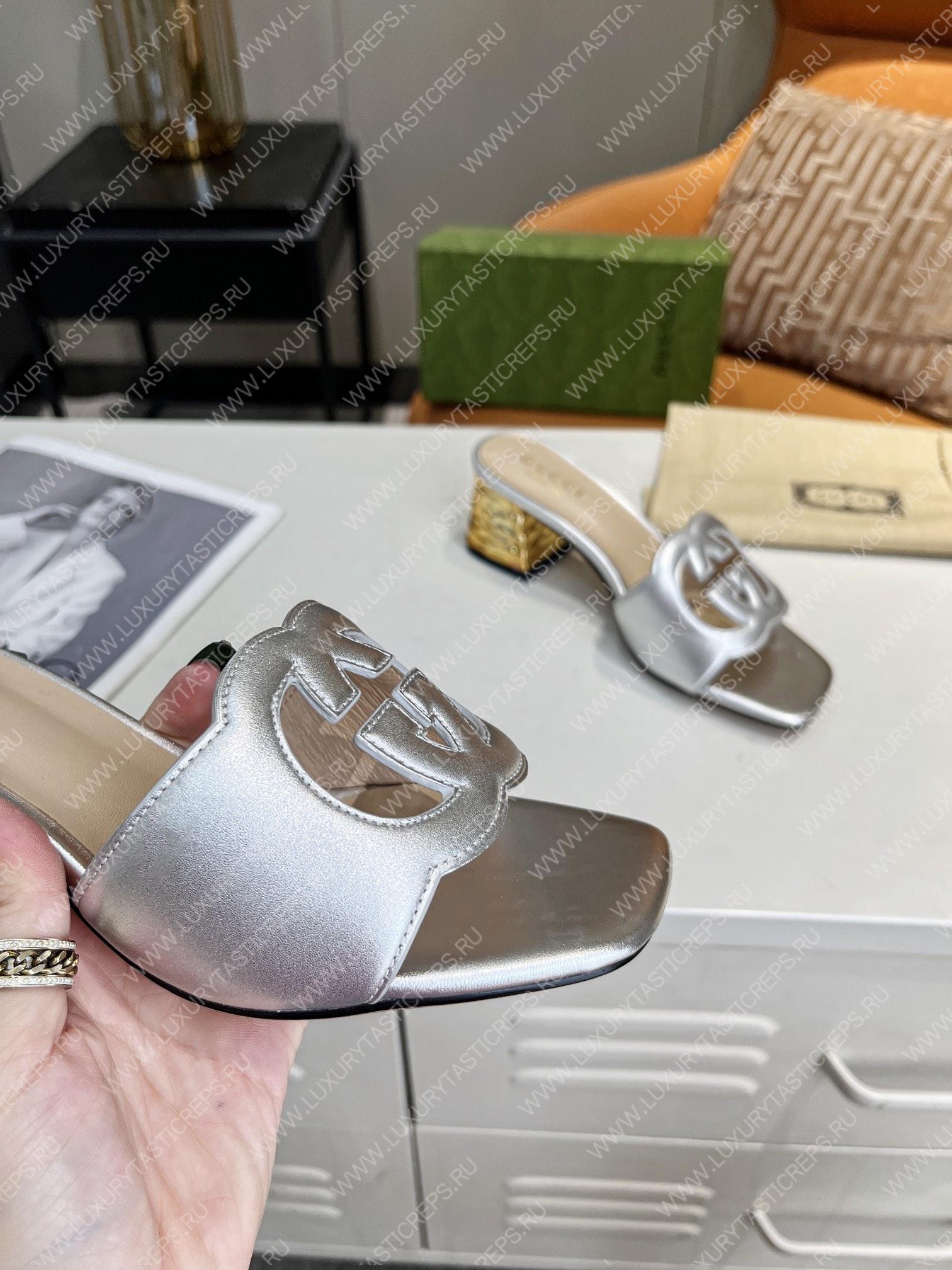 G*u*i interlocking g cut-out heeled slide sandal silver 694451