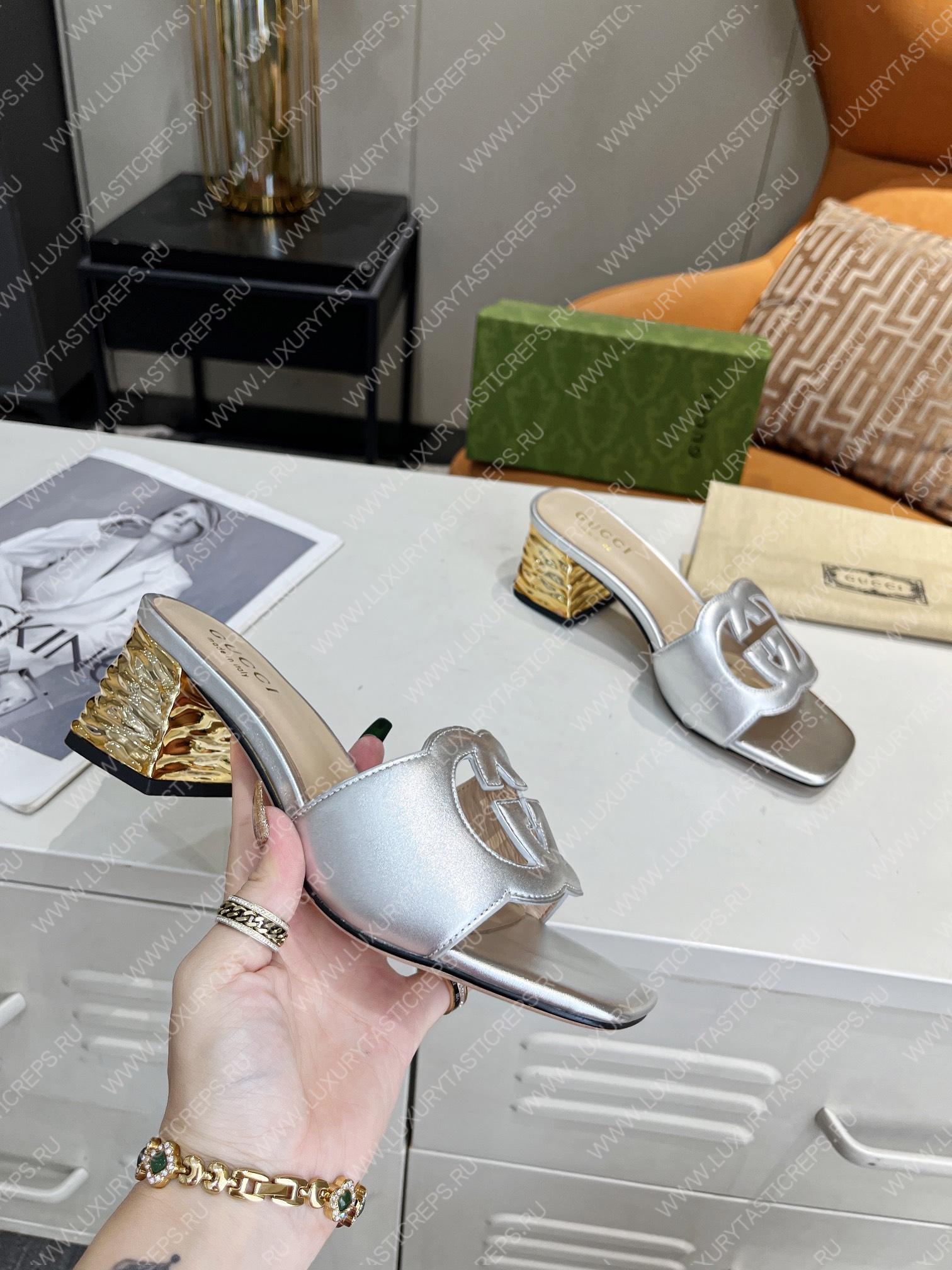 G*u*i interlocking g cut-out heeled slide sandal silver 694451