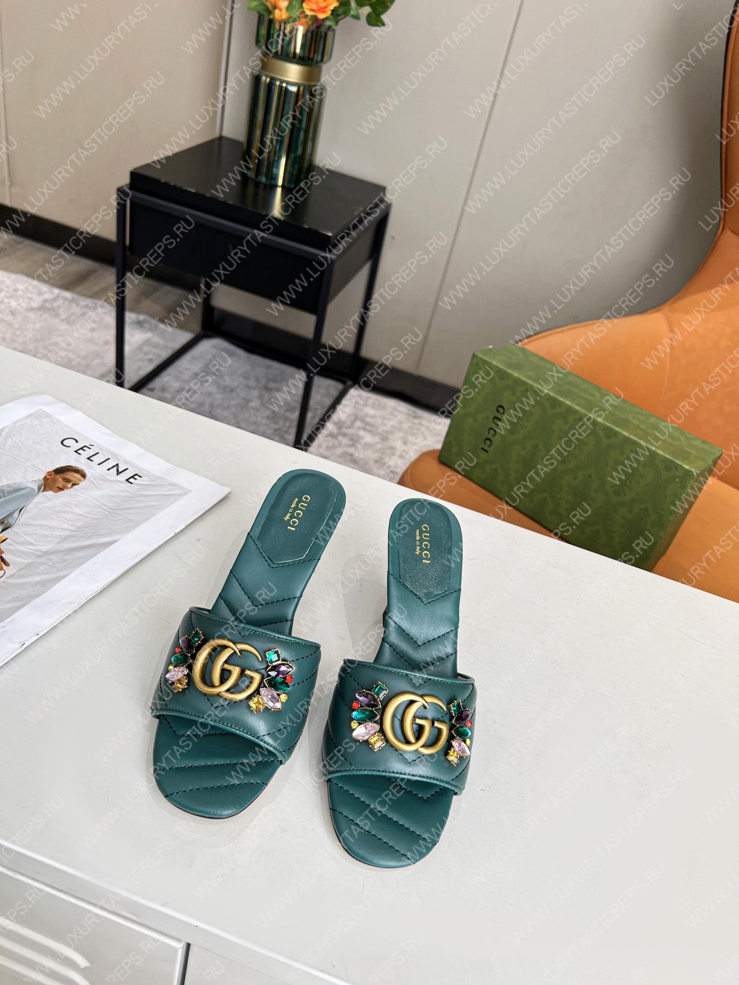 G*u*i double g slide sandal leather emerald green 674839