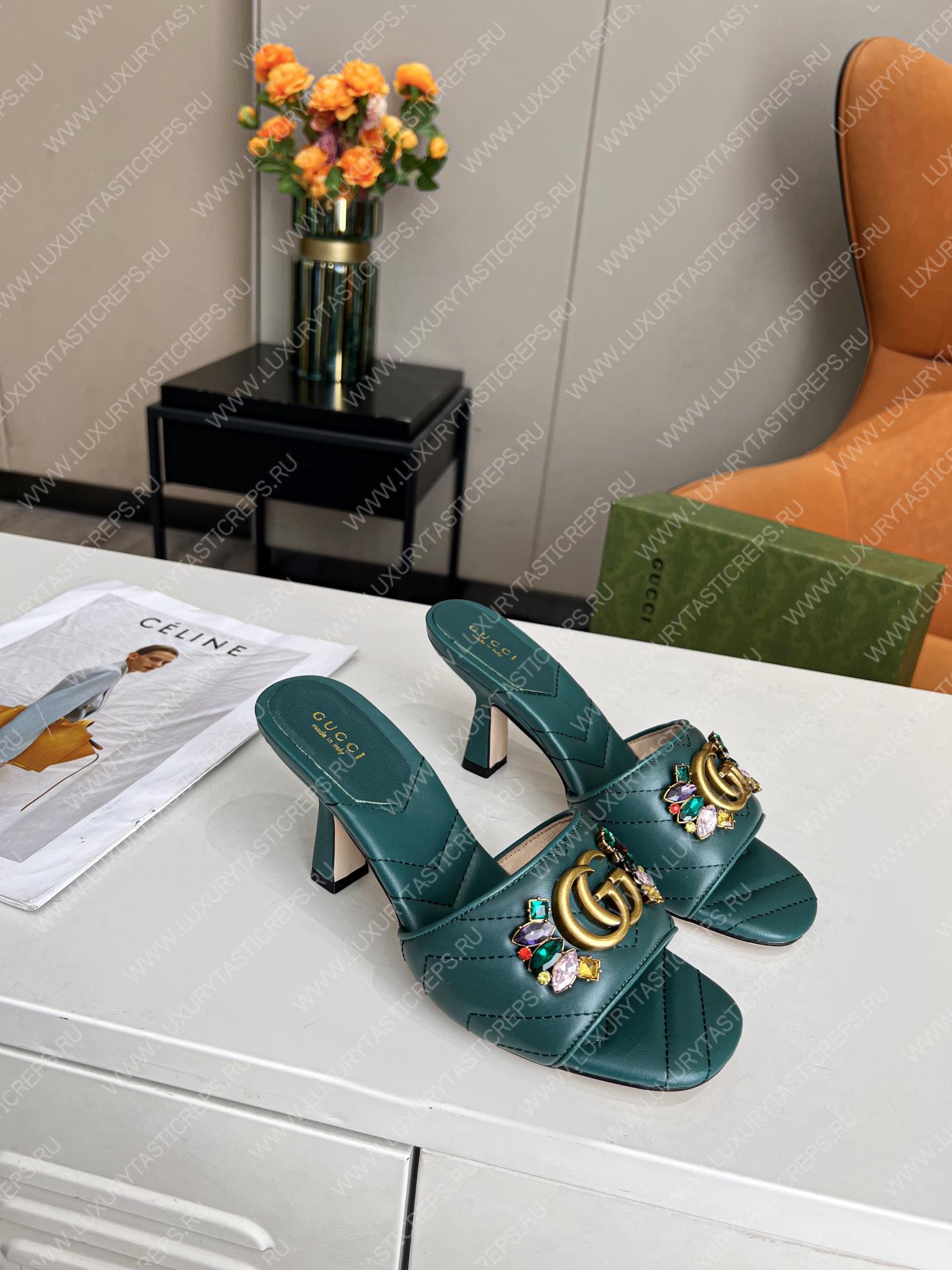 G*u*i double g slide sandal leather emerald green 674839