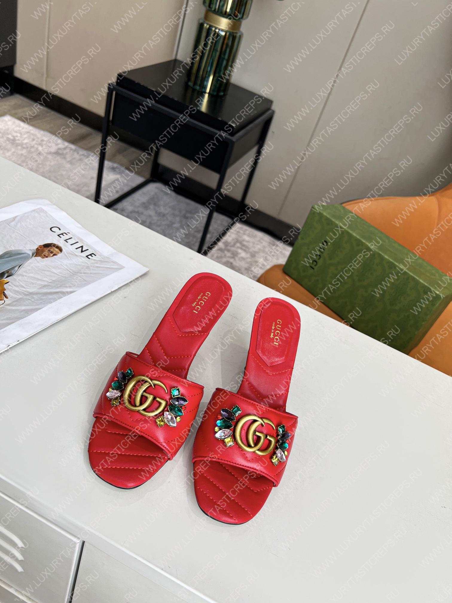G*u*i double g slide sandal leather red 674839