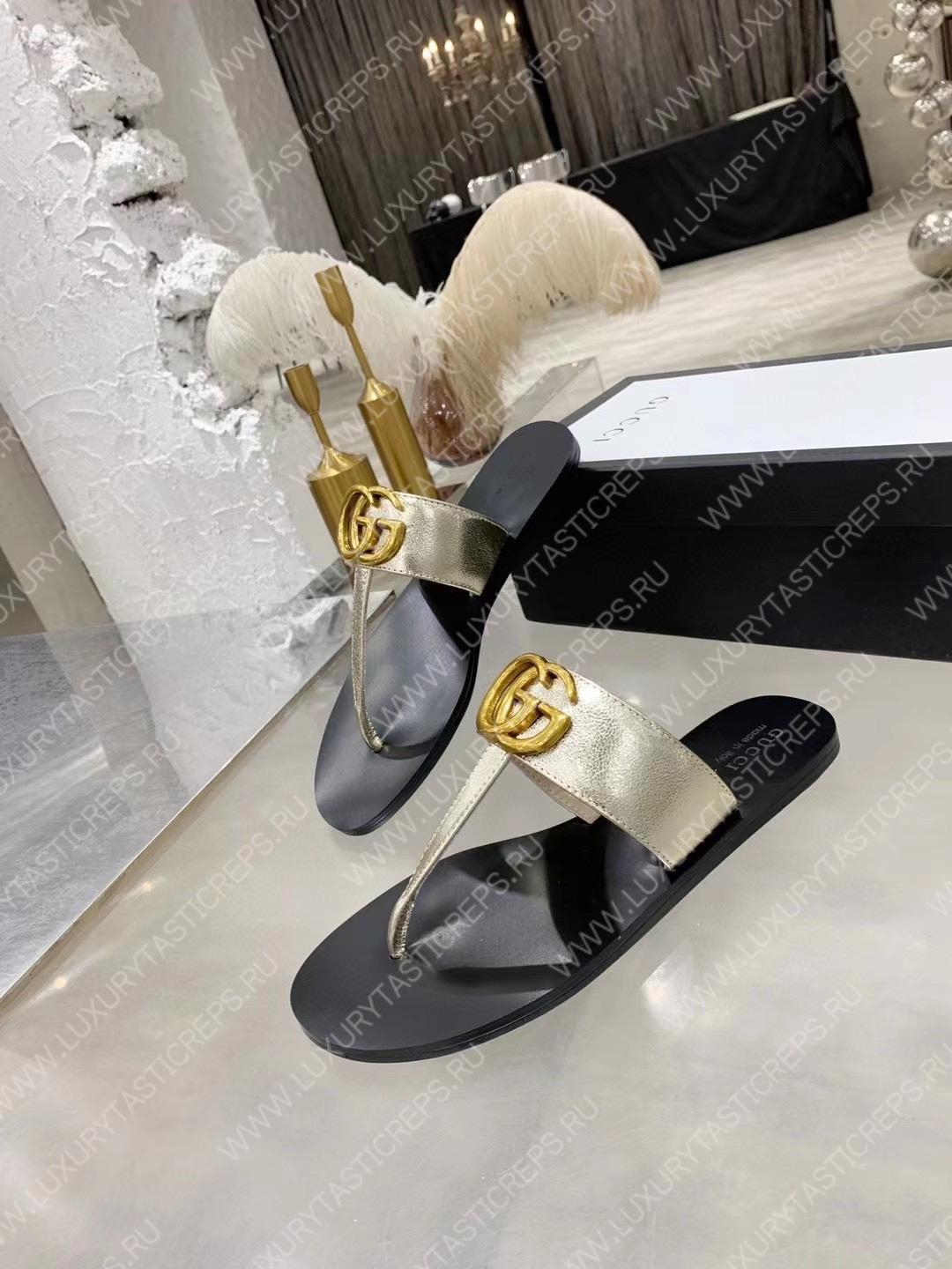 G*u*i leather thong sandal with double g silver 497444