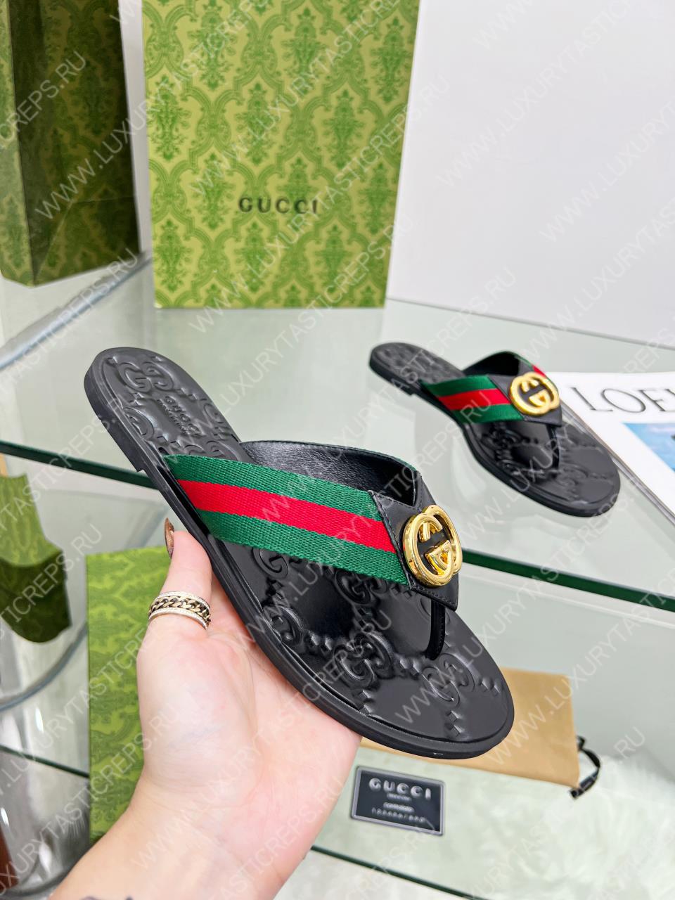 G*u*i gg thong web sandal green, red and black 612138
