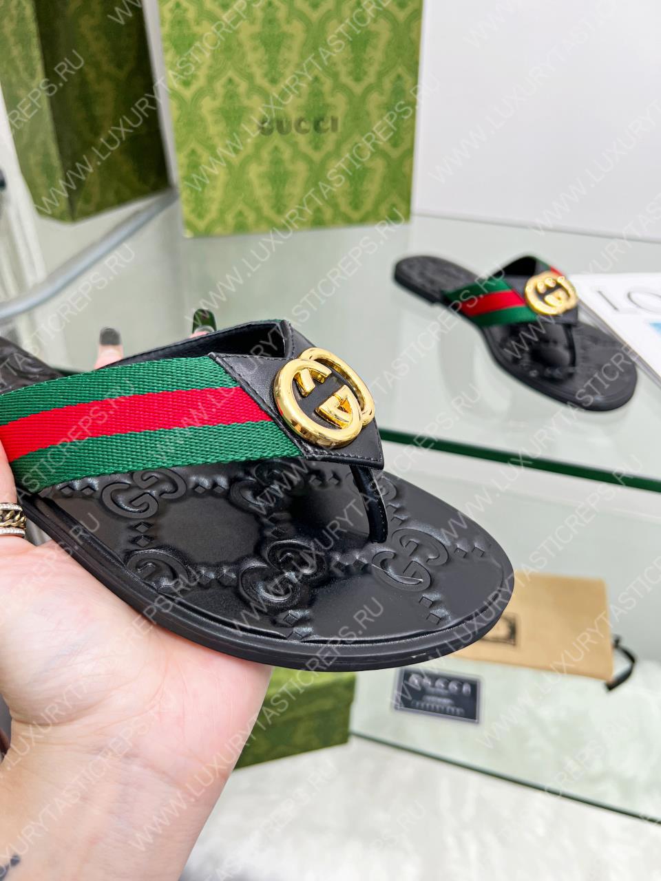 G*u*i gg thong web sandal green, red and black 612138