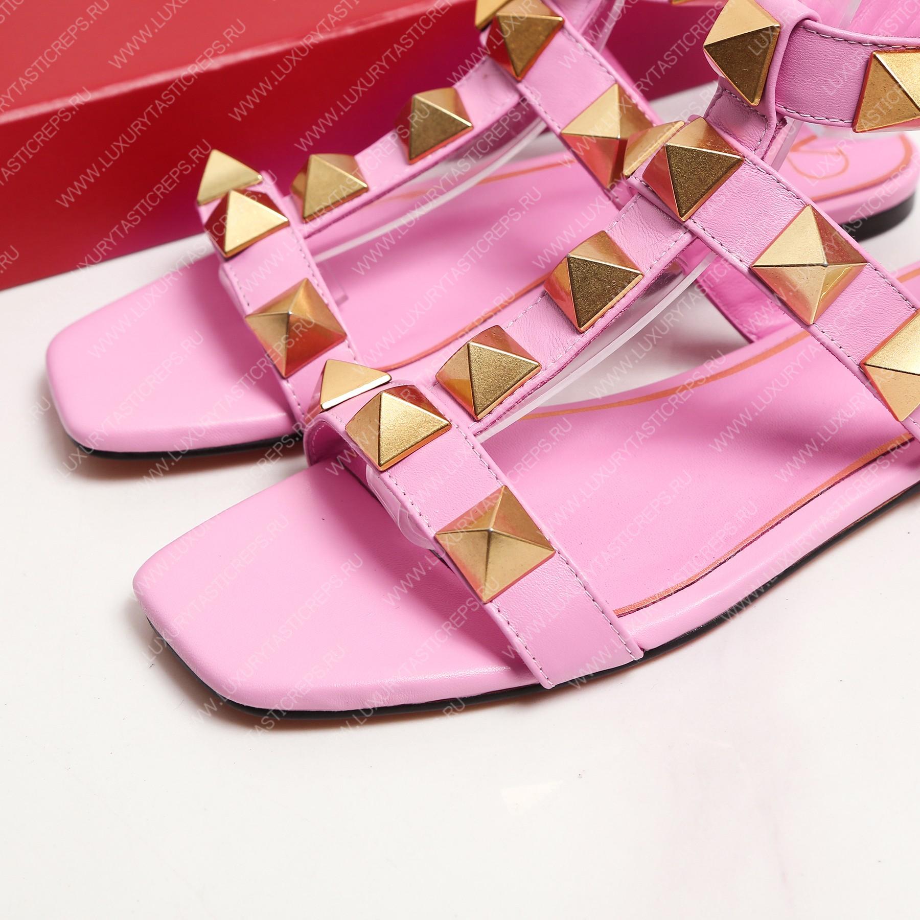 VALENTINO ROMAN STUD FLAT CALFSKIN SANDAL PINK 1W2S0BU8ZWM