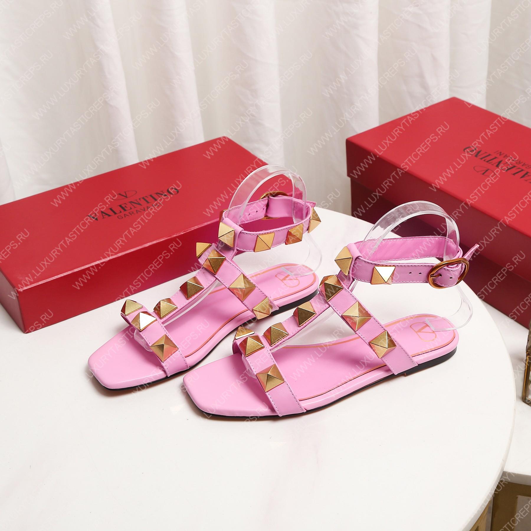 VALENTINO ROMAN STUD FLAT CALFSKIN SANDAL PINK 1W2S0BU8ZWM