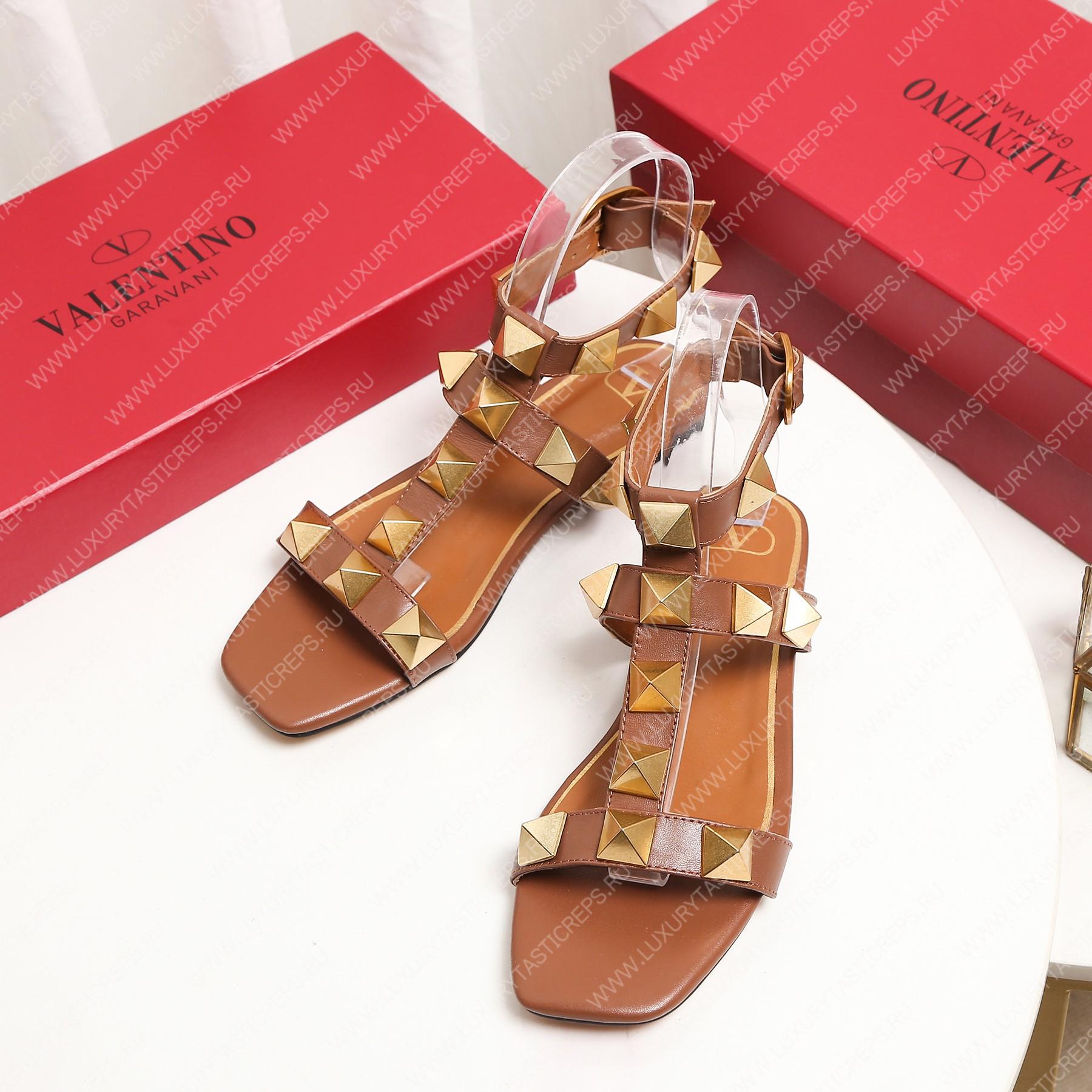 VALENTINO ROMAN STUD FLAT CALFSKIN SANDAL BROWN 1W2S0BU8ZWM