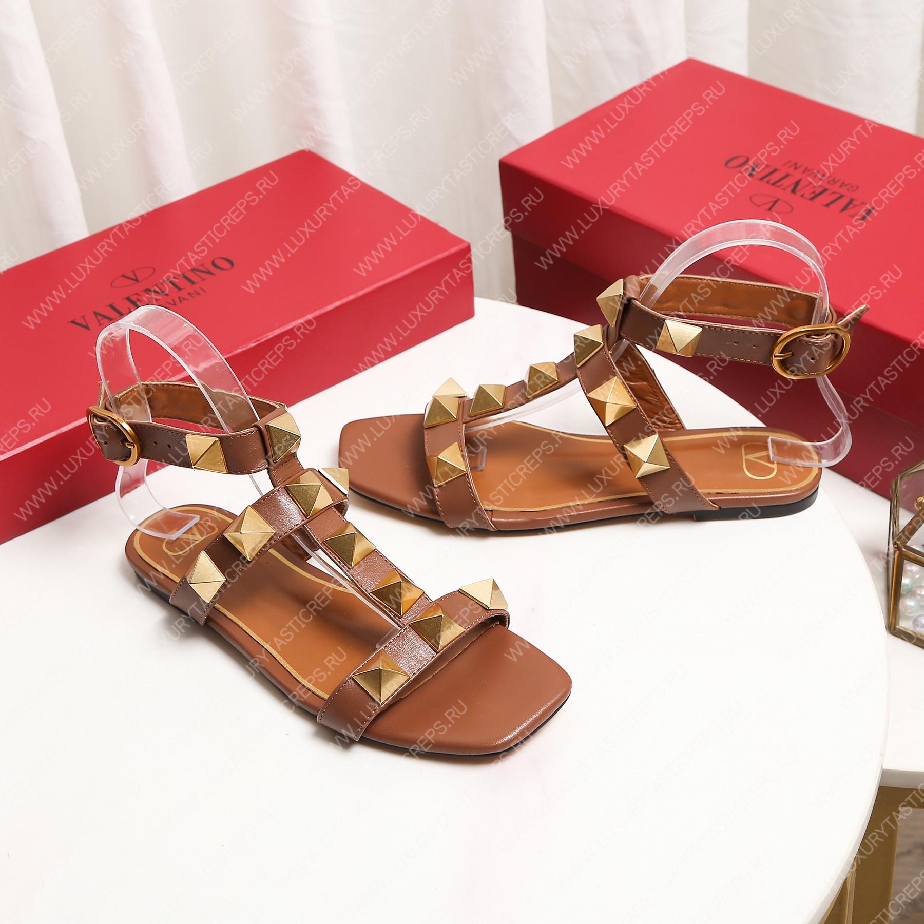 VALENTINO ROMAN STUD FLAT CALFSKIN SANDAL BROWN 1W2S0BU8ZWM