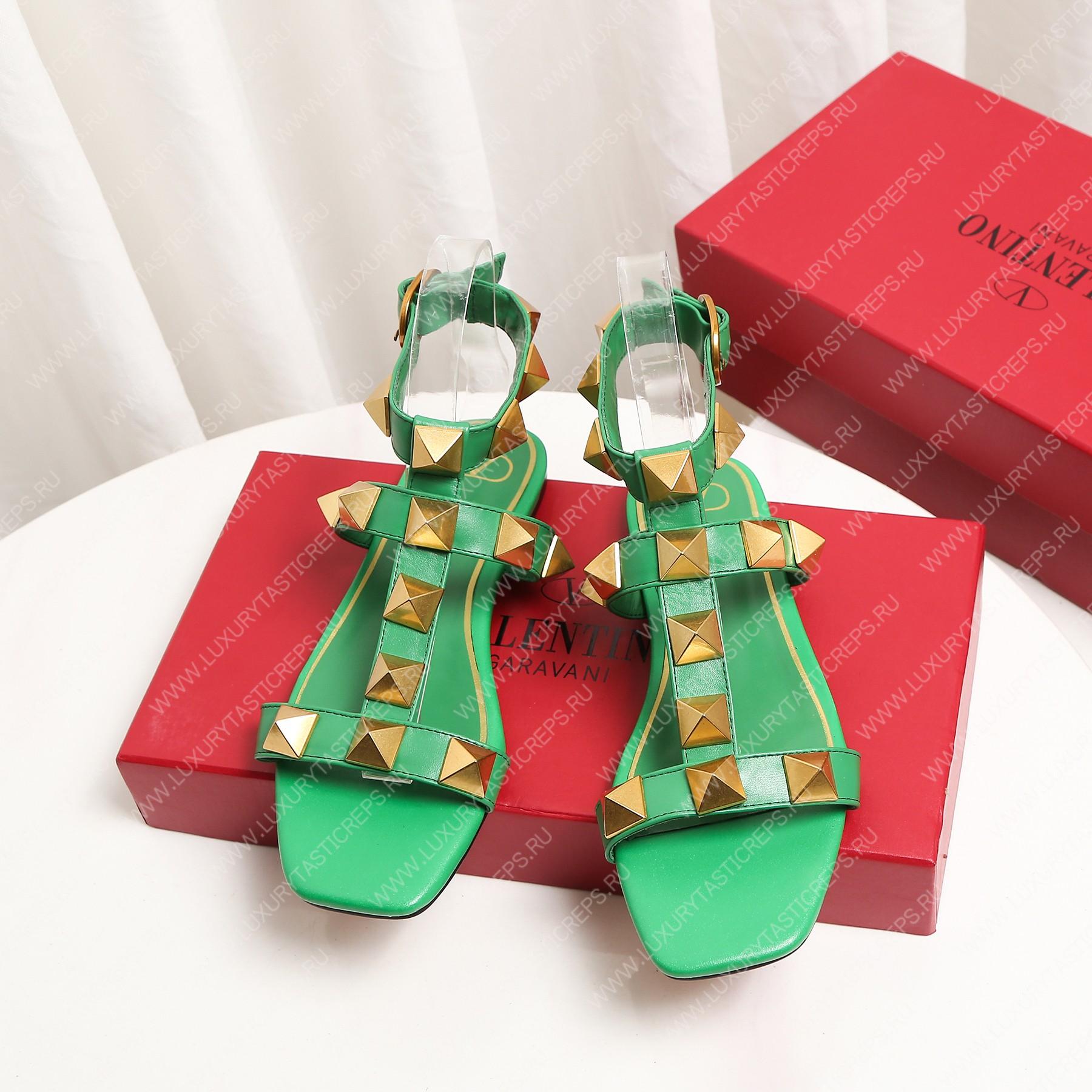 VALENTINO ROMAN STUD FLAT CALFSKIN SANDAL GREEN 1W2S0BU8ZWM